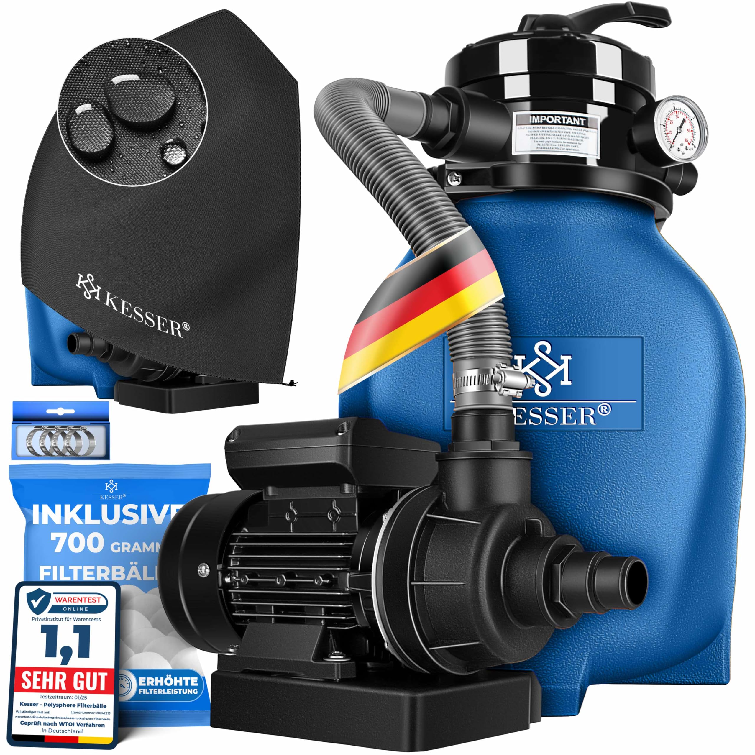 KESSER® Sandfilter Sandfilteranlage + 800g Filterbälle ersetzen 25kg Filtersand-Poolfilter 10 m³/h Filteranlage Filterkessel für Pool Schwimmbecken 4-Wege Ventil, einfache Steuerung, Inkl. Cover, Blau