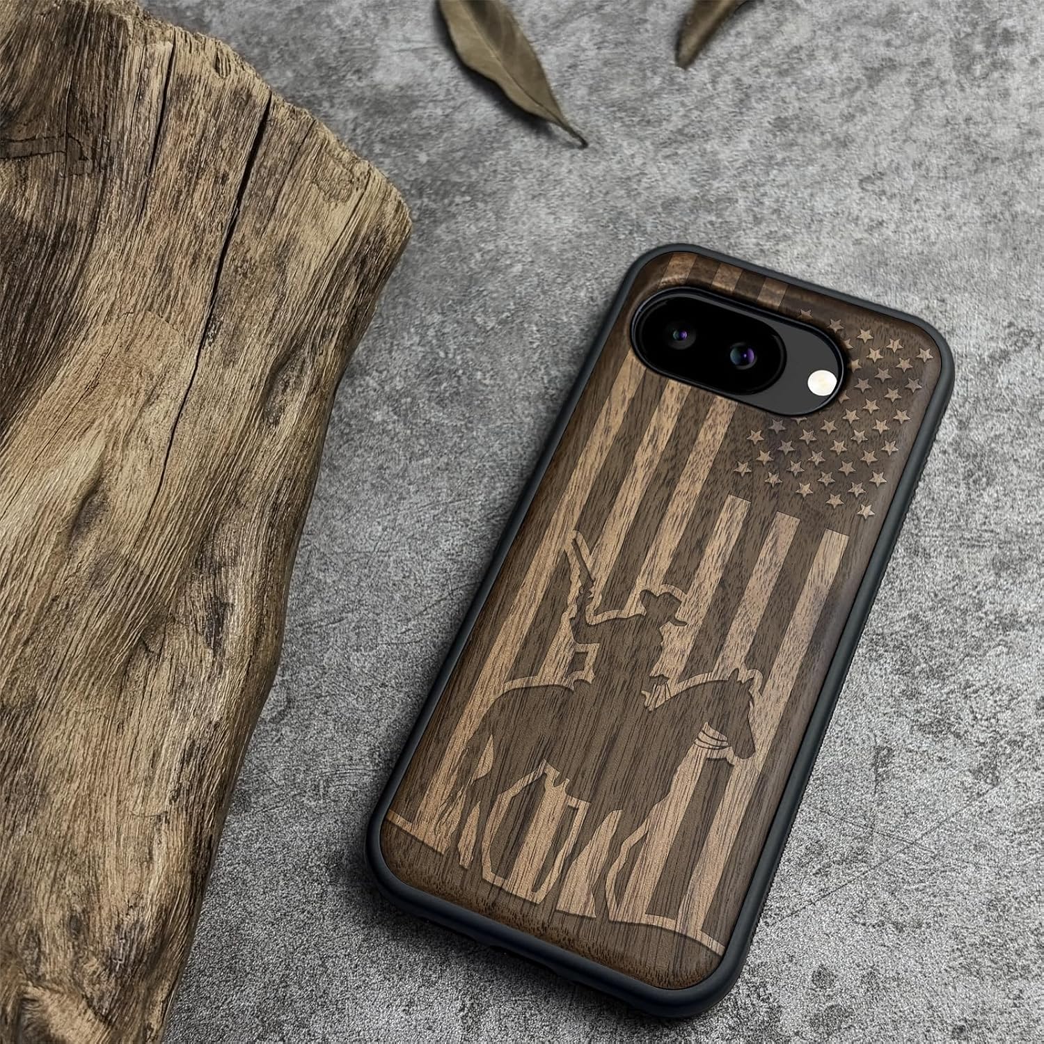 Carveit Magnetic Wooden Case for Google Pixel 10a Case, Wood Artisan Engraved & Soft TPU Shockproof Cover, Compatible with MagSafe Wireless Chargers (Western Patriot Rider) Walnut