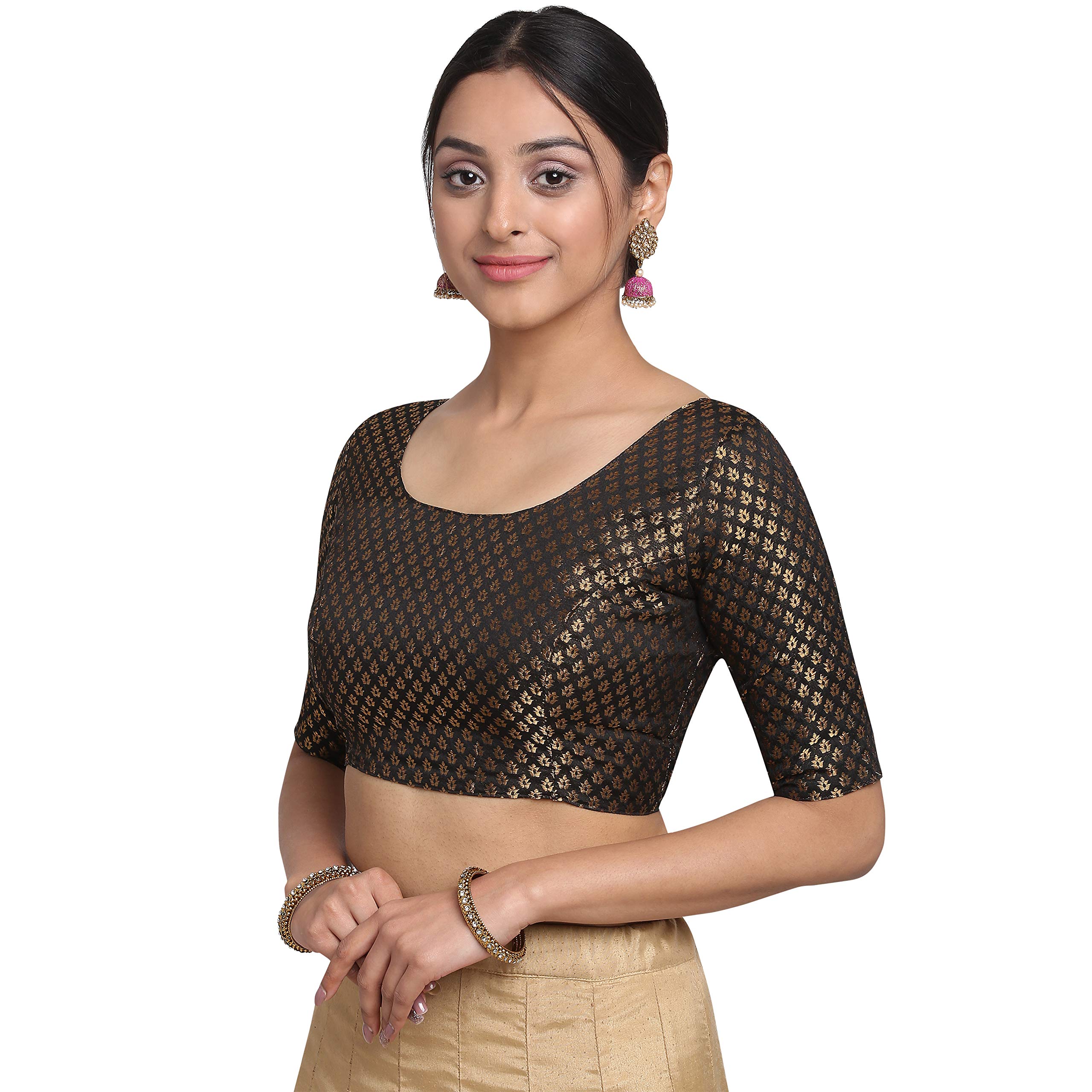 Oomph! Women's Art Silk Solid 3/4 Sleeve Saree Blouse (Rbbl14M_Soot Black_M)
