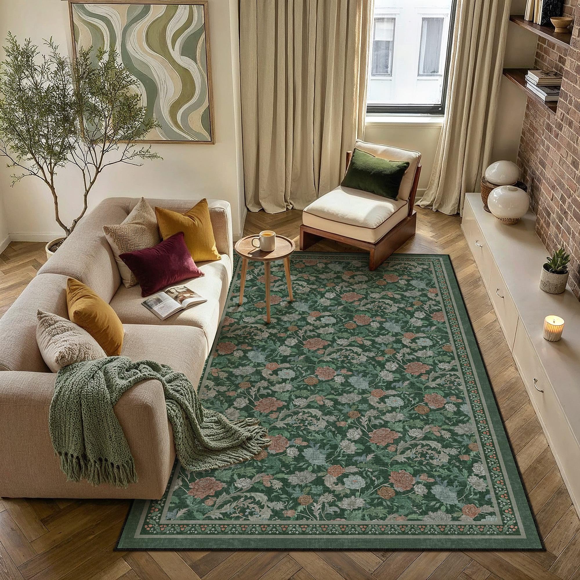 hugear retro 2x6 runner rugs washable hallway rug vintage floral throw carpet green stain resistant non slip low pile for home aesthetic modern decor