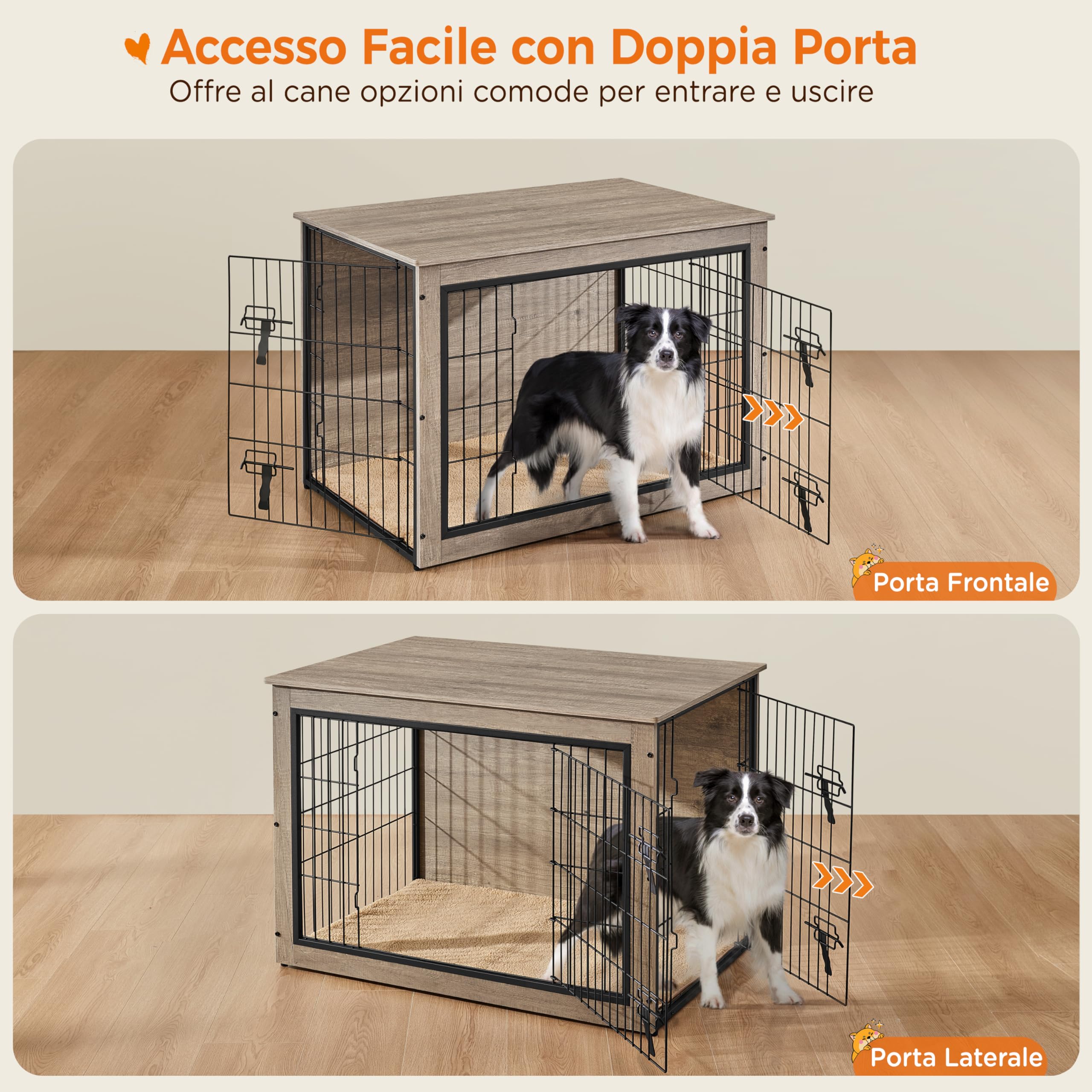 Yaheetech Gabbia per Cani Gatti, Tavolino Armadietto Box Kennel con Doppie Porte, a Rete in Legno, da Interno per Casa, 96 x 65 x 67,5 cm, Grigio