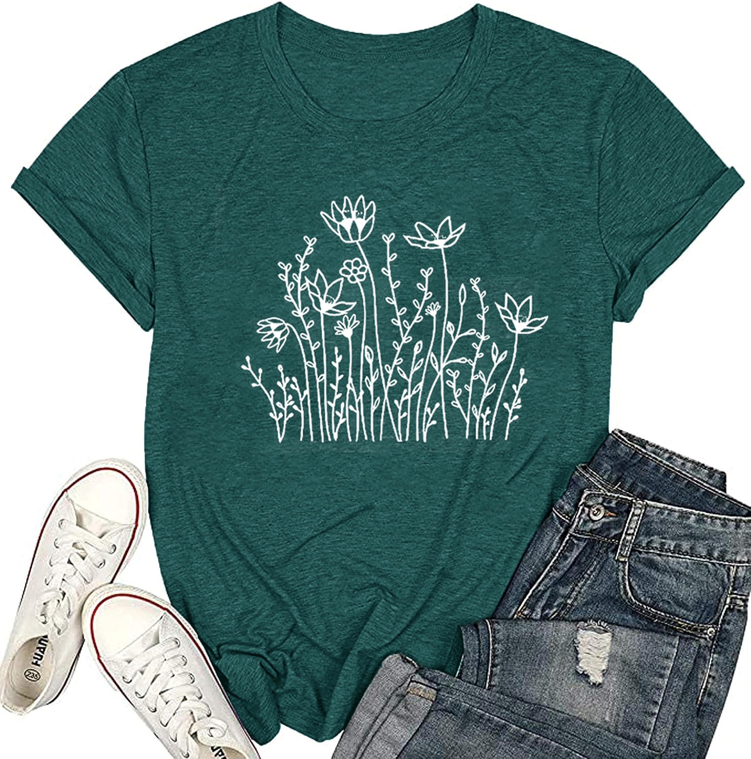 Women Graphic Tees Cute Nature Flower Printed Funny Short Sleeve Tops Vintage Novelty Casual Teacher Shirt