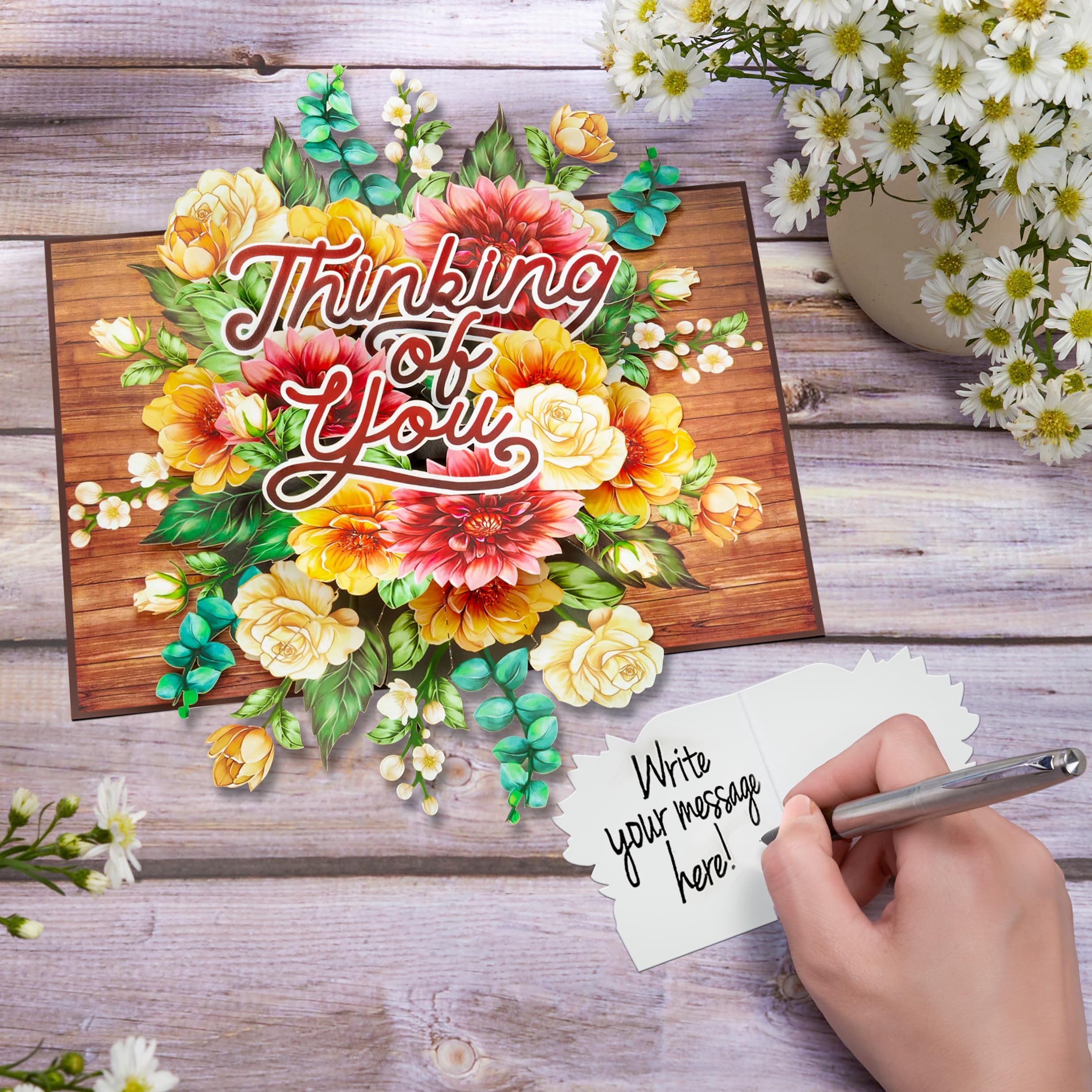 POPWOW Tarjeta desplegable floral Thinking Of You, flores rústicas, tarjetas 3D, regalos para cumpleaños, aniversario, día de San Valentín, mamá, esposa, ella, 5 x 7 pulgadas, incluye sobre y nota de