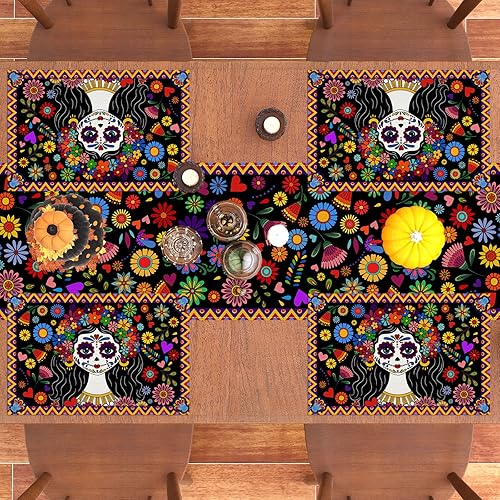 Miniatura 6 de Juego de 4 manteles individuales de lino del Día de los Muertos Dia De Los Muertos, manteles individuales de altar mexicano de muertos, decoración y
