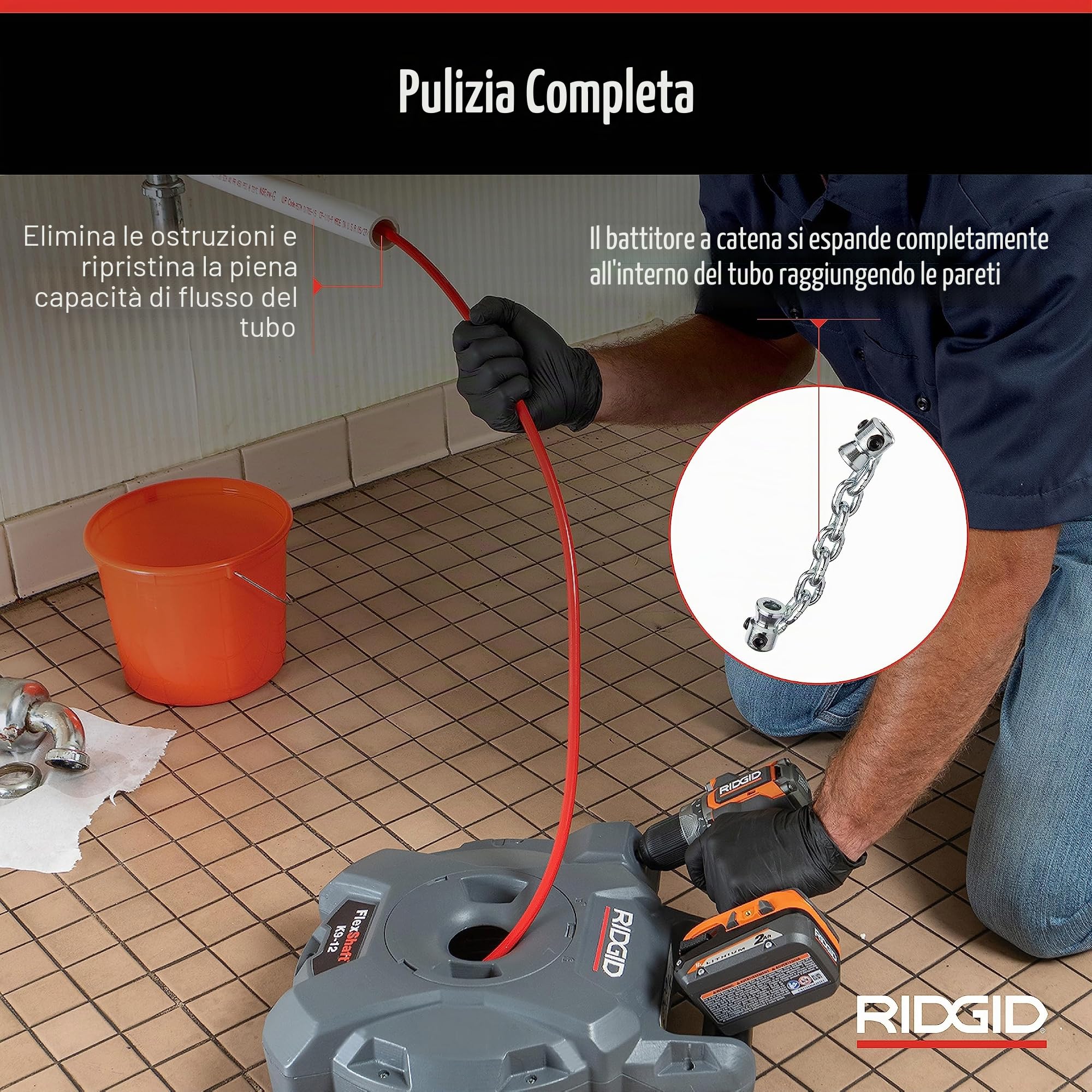 FlexShaft - Pulitore per scarico da parete a parete, 1/4" x 9 m, pulisce tubi da 1-1/4" a 2" fino a 2"