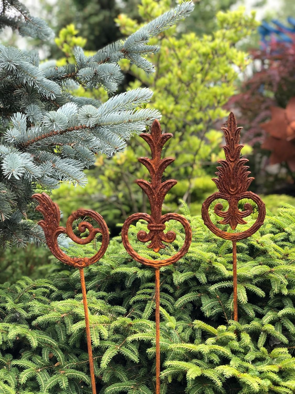 Rusty Metal Finial Garden Stakes – Handmade Rustic Outdoor Sculpture for Unique Yard and Landscape Decor