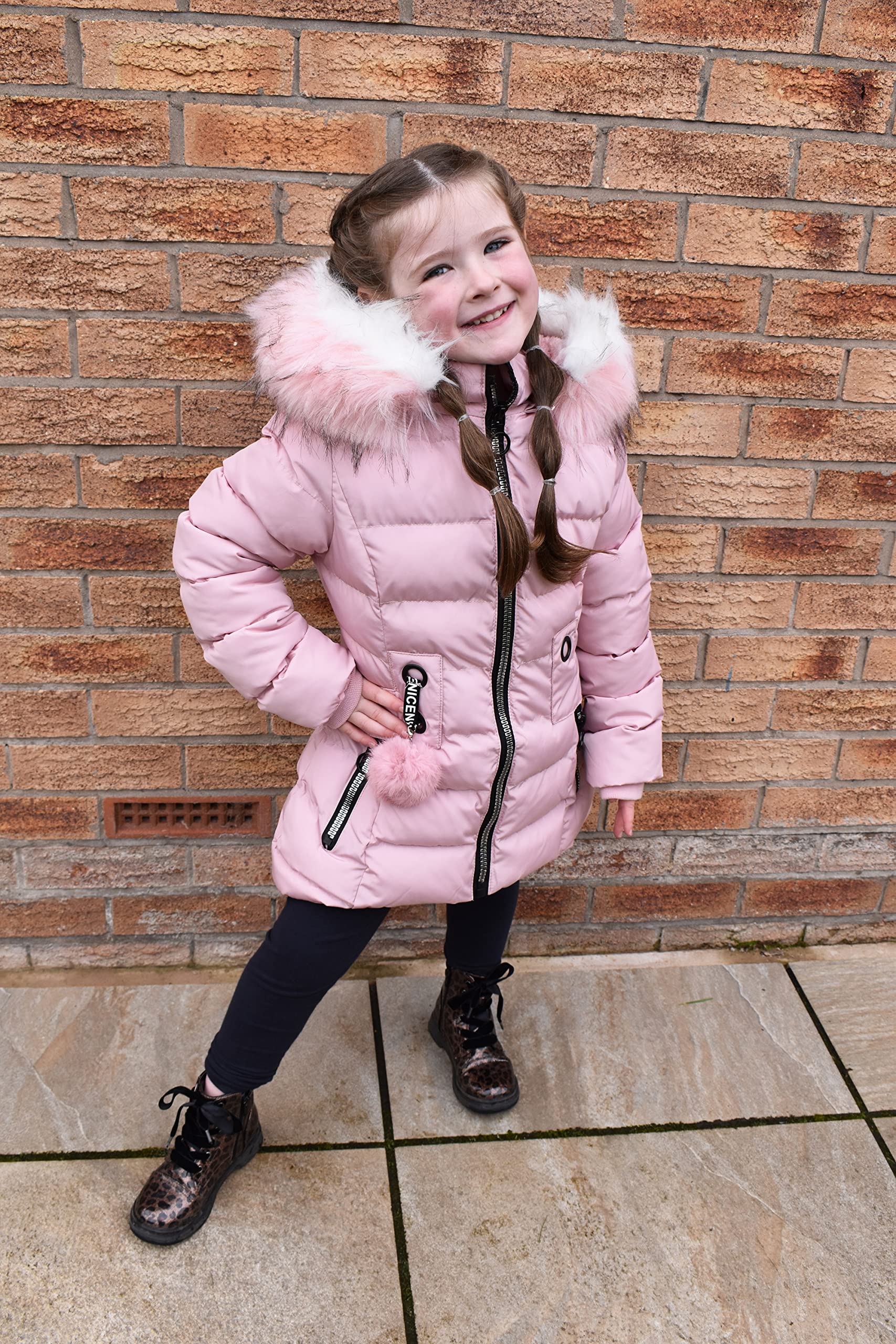 Carbone Fashion Cappotto Puffa Giacche Giubbotto Bambina, Lunghezza Media, con Zip Metallica, con Pelliccia Rosa (CFW1915-Pink) Rosa età 9-10