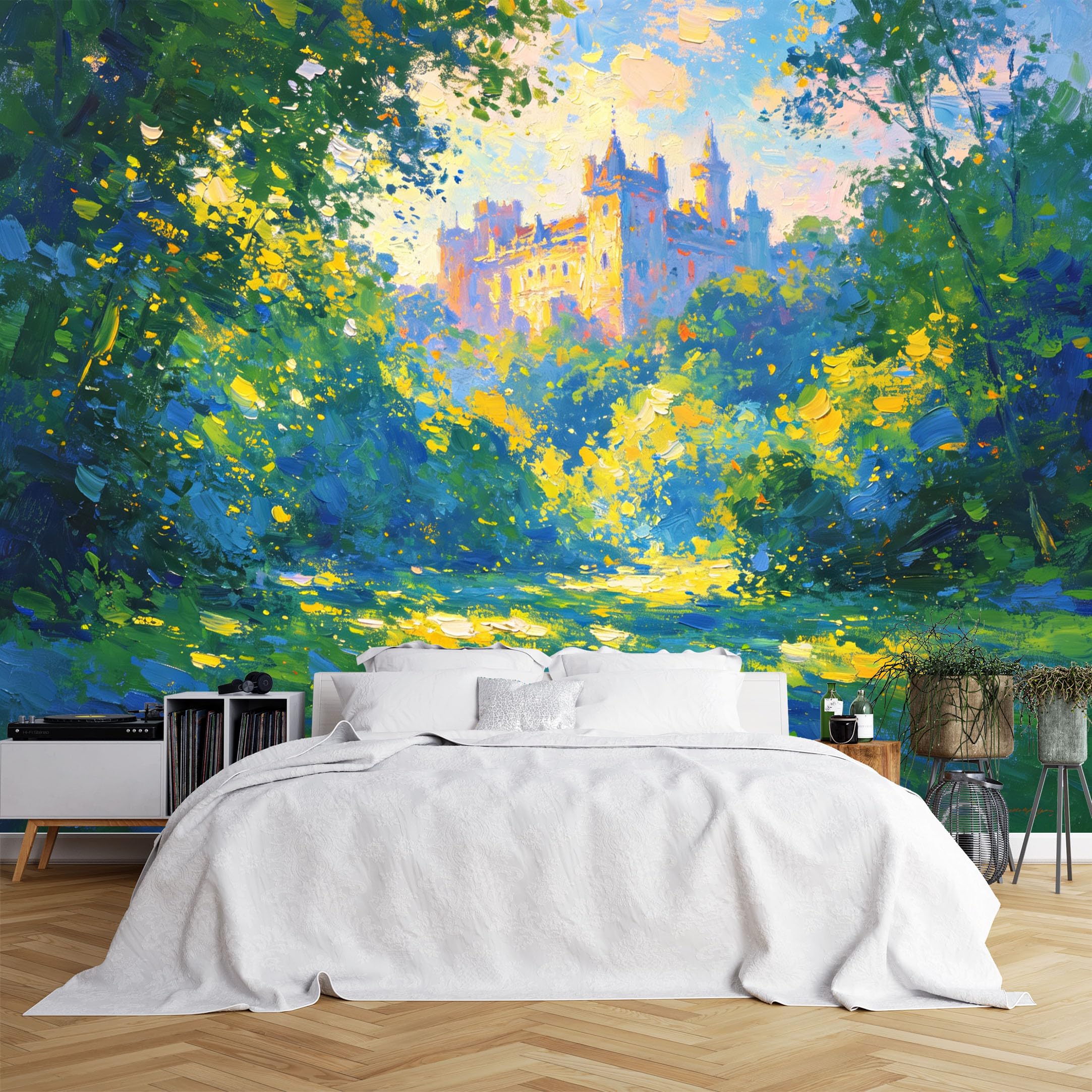 Custom Size Wall Murals Impressionist Castle in Sunlit Forest with Lake Wall Murals, Vivid Self-Adhesive Removable Wallpaper for Living Room Bedroom