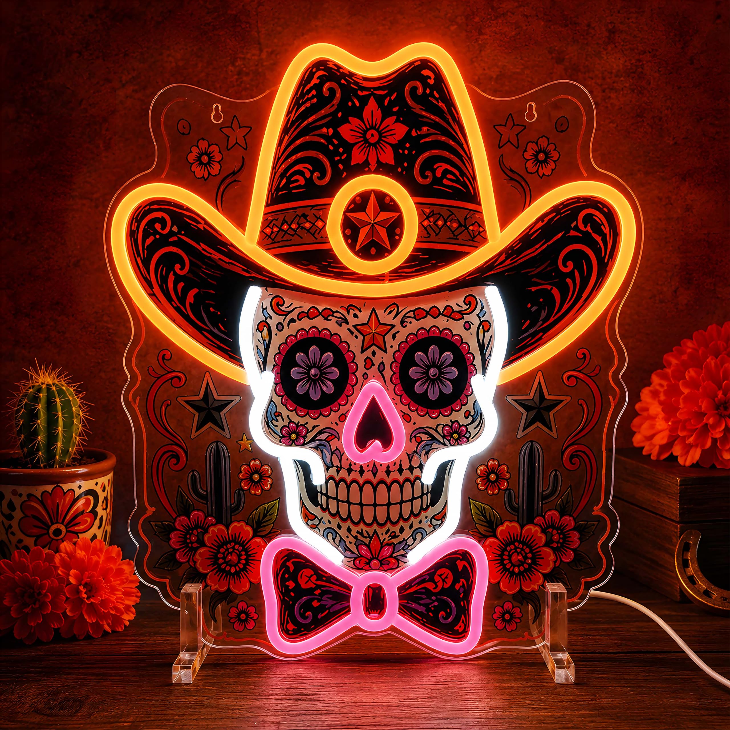 Insegna al neon con teschio da cowboy, luce LED da parete per decorazione messicana, alimentata tramite USB, dimmerabile, luce al neon per il giorno dei morti, Halloween, bar di casa, idea regalo per