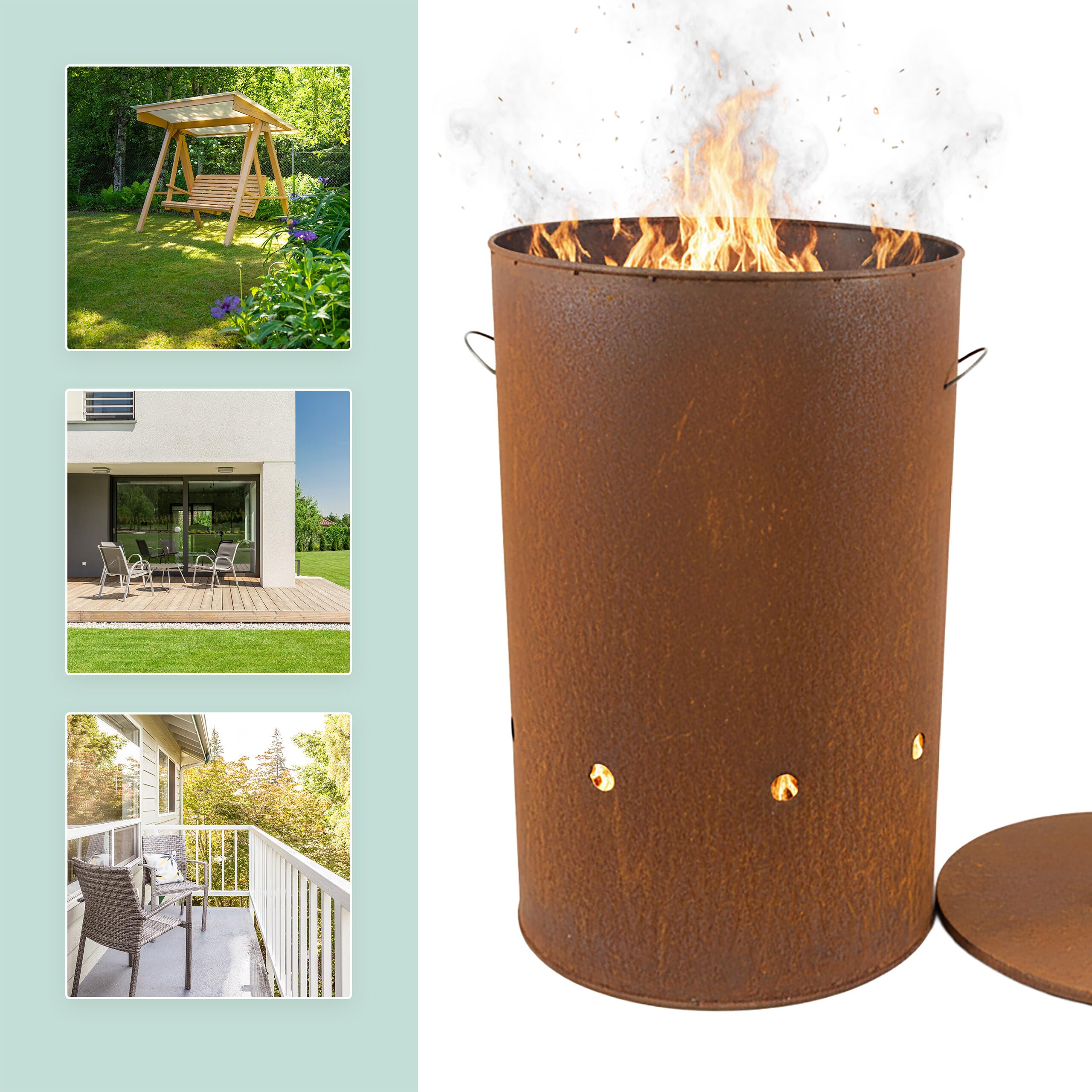 Relaxdays Braciere in Acciaio Corten Effetto ruggine HxD 60x38,5 cm, Industriale con Coperchio