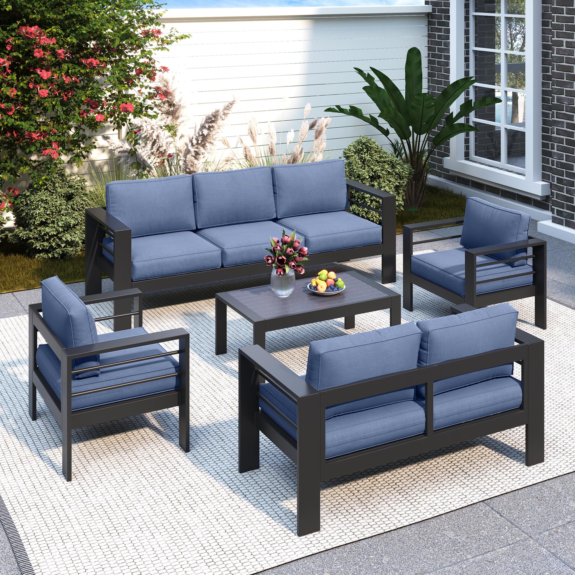 Solaste Aluminum Patio Furniture Set for All Weather, Modern Metal Outdoor Furniture Set with 27.5" Deep Seating and 3.2" Wide Armrest, Outdoor Patio Conversation Set with 5" Cushion, Black and Blue