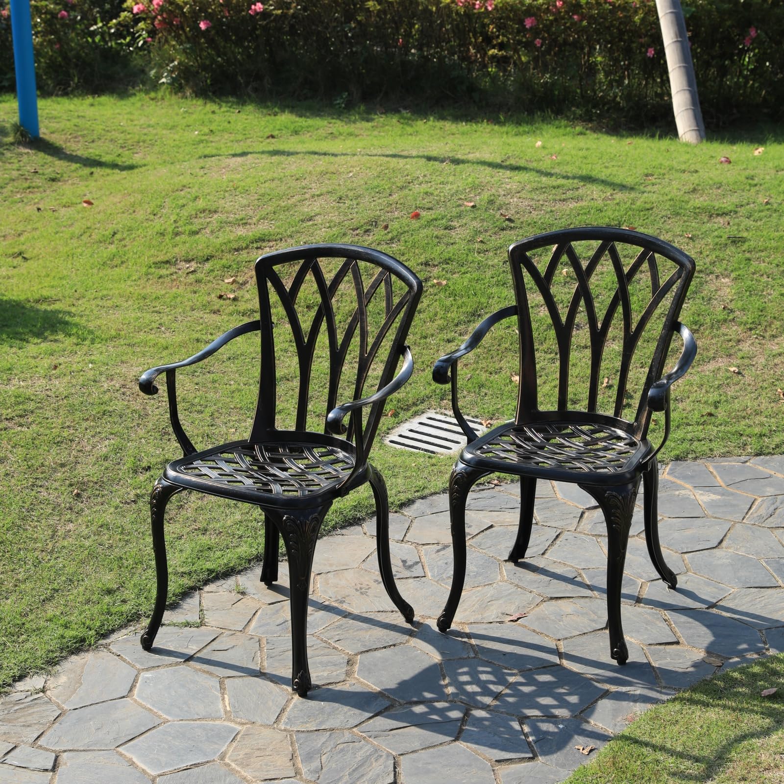 Lot de 2 chaises de jardin en fonte d'aluminium - Design roses - Style antique - Fauteuil en bronze antique