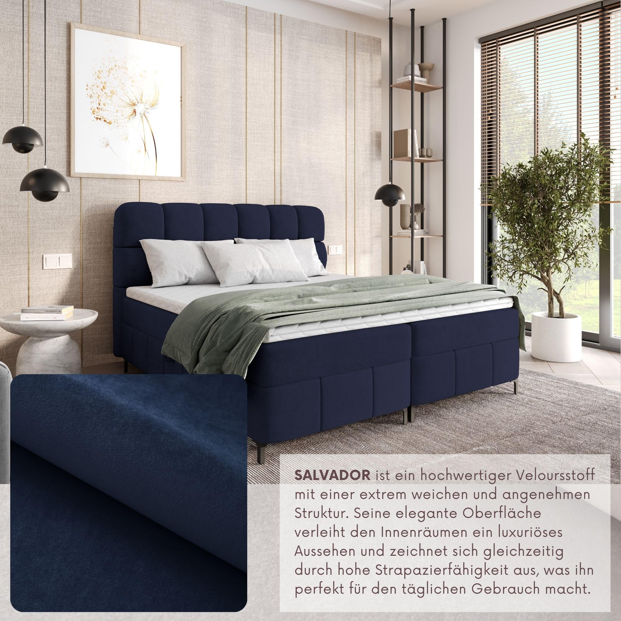 FURNISTAR Boxspringbett Cindy 160x200 mit Bettkästen und Topper | Doppelbett, Bonell-Matratze, Polsterbett, Bett, Bettgestell, Schlafzimmer - Dunkelblau