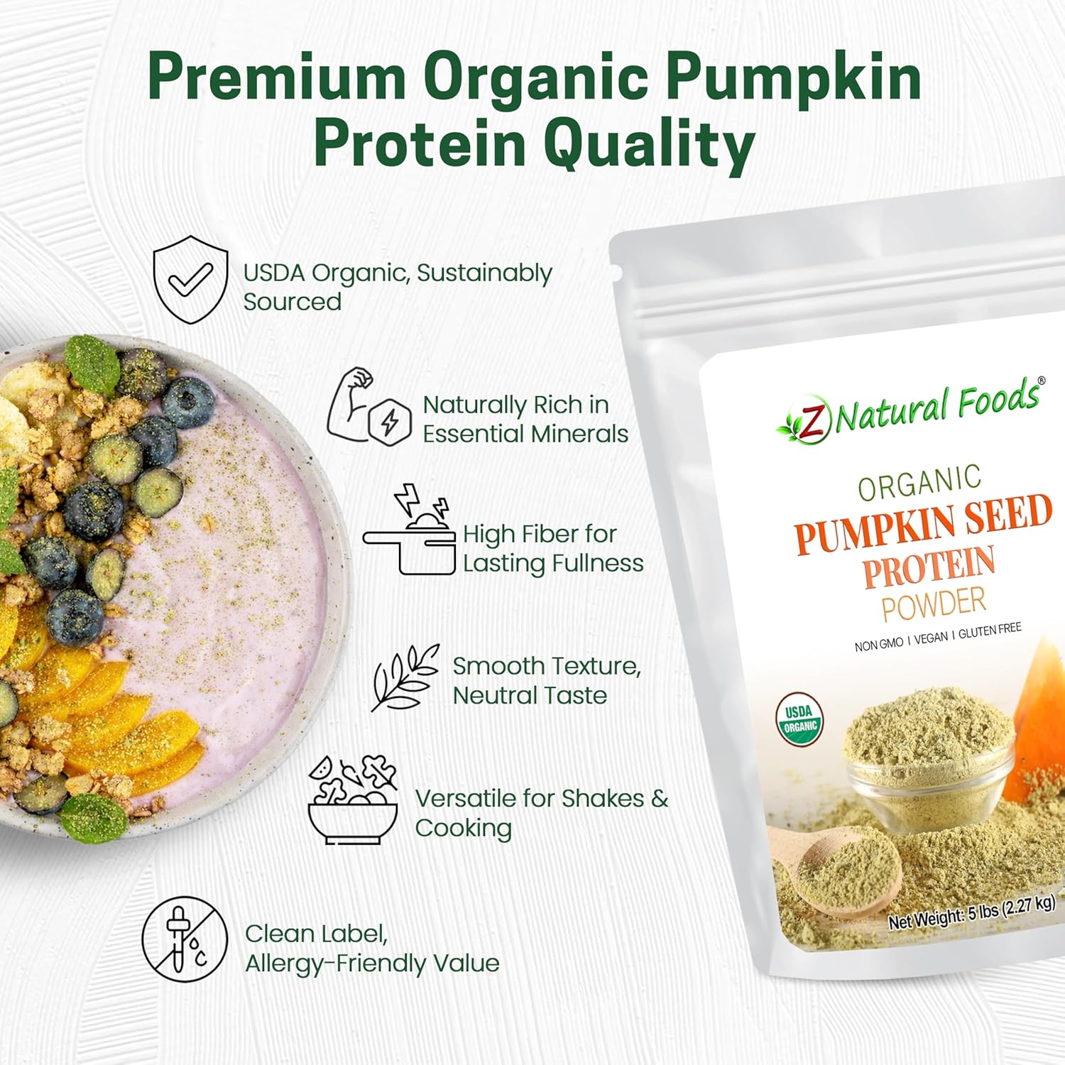 Z Natural Foods Organic Pumpkin Seed Protein Powder - Nutrient-Dense Fiber Supplement, Vegan Pumpkin Protein Powder for Hair Skin Nails Muscle Health - Ideal for Smoothies Shake Baking Recipes, 5 lbs