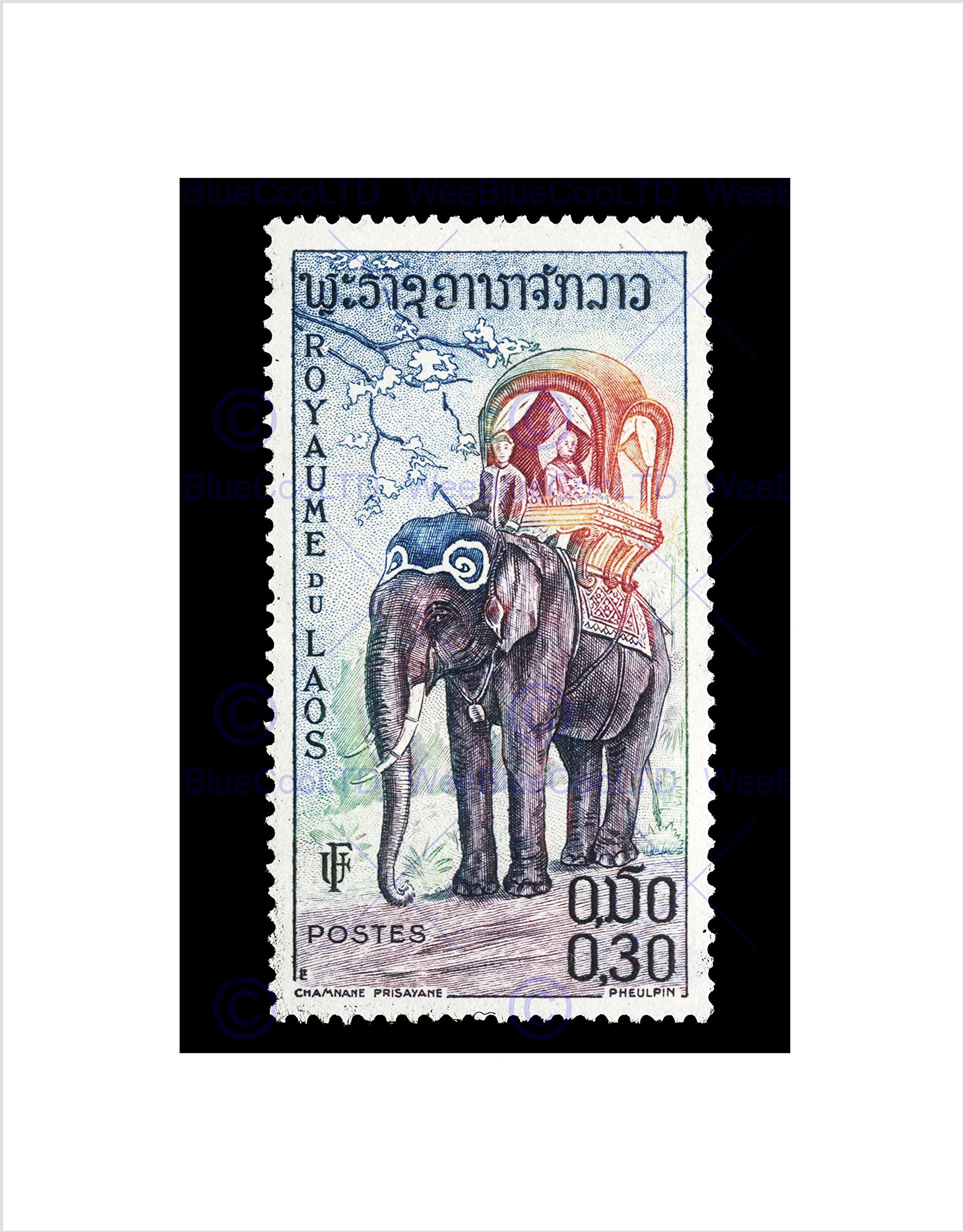 Wee Blue Coo POSTAGE STAMP LAOS ELEPHANT VINTAGE PHILATELY BLACK FRAMED ART PRINT B12X8661