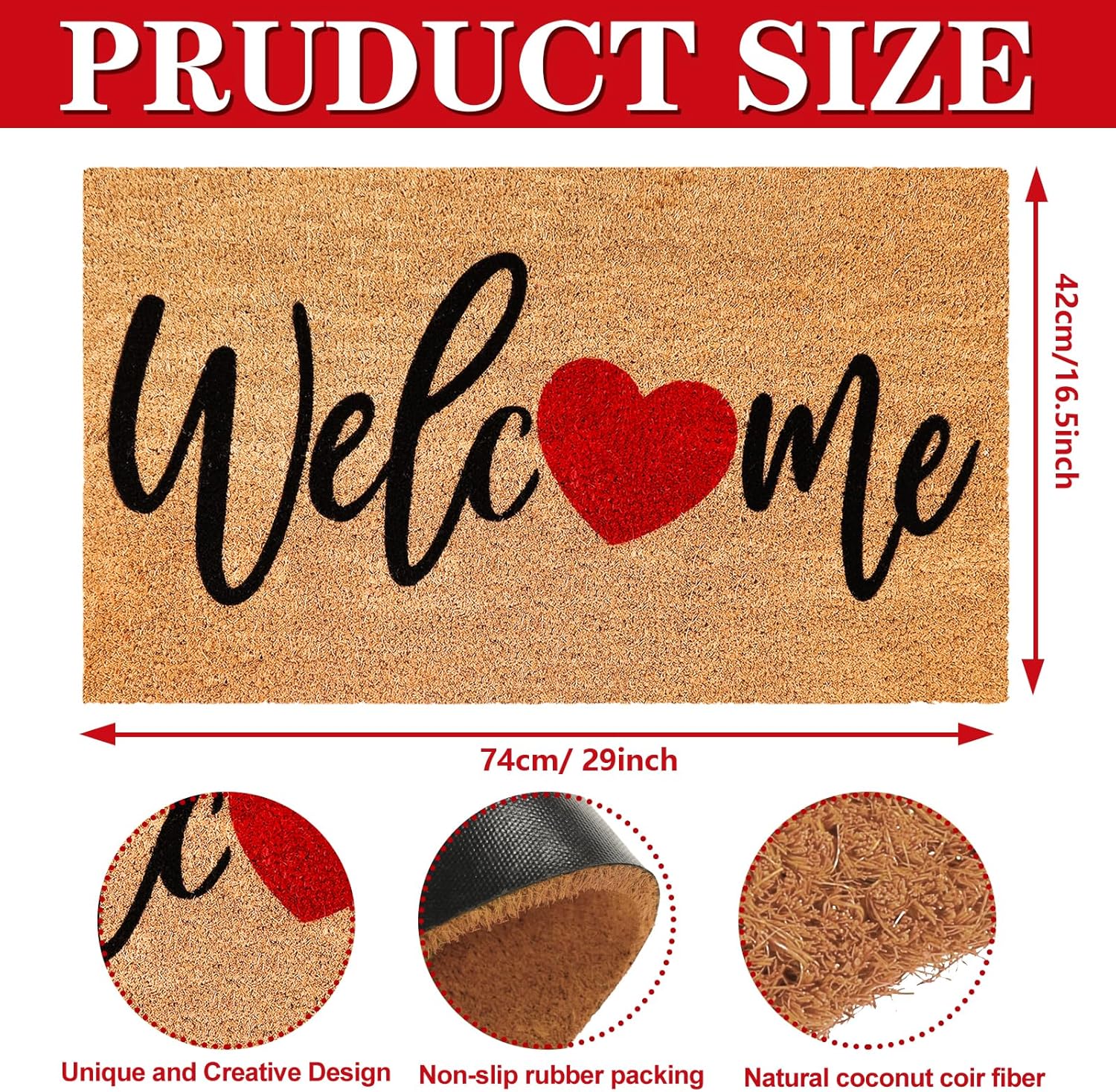 FYSUIMU Valentine Natural Coir Doormat Red Heart Welcome Floor Mat Non-Slip Entrance Door Rugs for Indoor Outdoor Home Bathroom Decor, 16.5 x 29 Inch