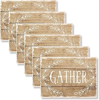 Blissful Living Set of 6 Placemats, Stain Resistant - Decorate Your Kitchen Table with Our Beautiful Rectangle pad placemat (Gather Wood Taupe/White)