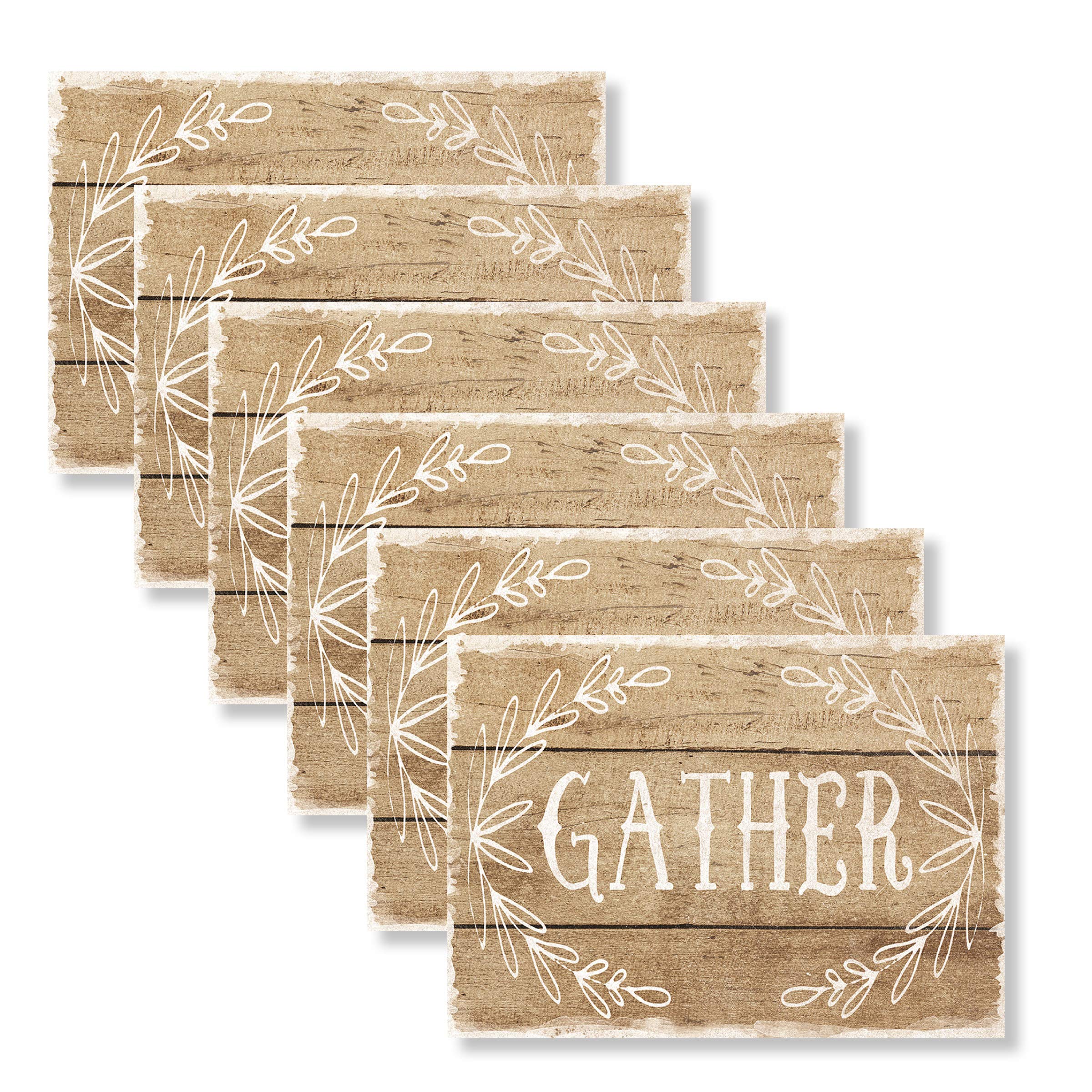 Blissful Living Set of 6 Placemats, Stain Resistant - Decorate Your Kitchen Table with Our Beautiful Rectangle pad placemat (Gather Wood Taupe/White)