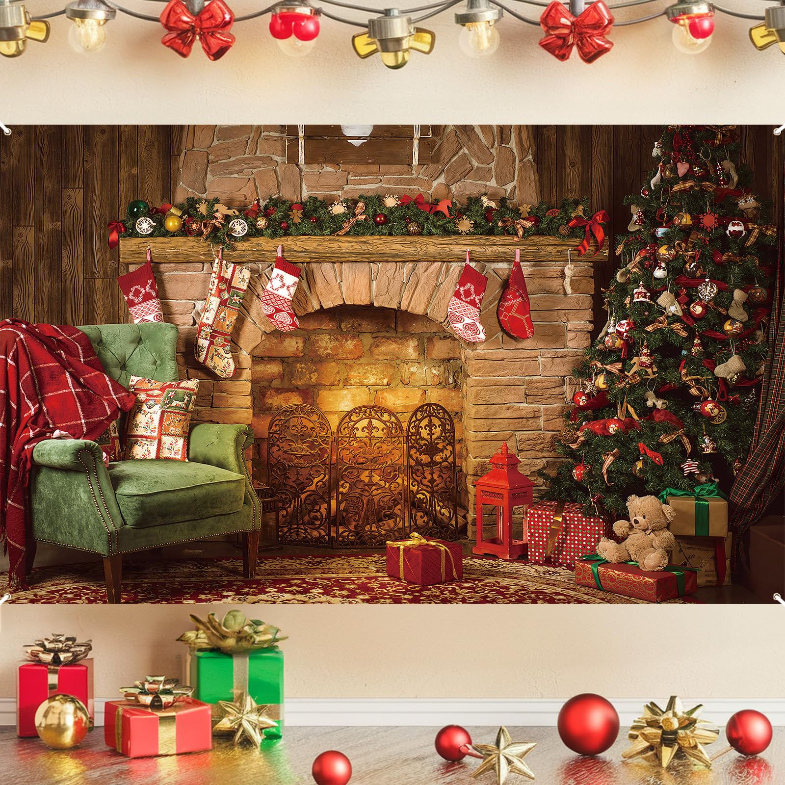 Merry Christmas Banner, Large Christmas Backdrop for Party Decorations, Fabric Merry Xmas Red Green Fireplace Banner Background Sign Photo Props for Wall Decorations