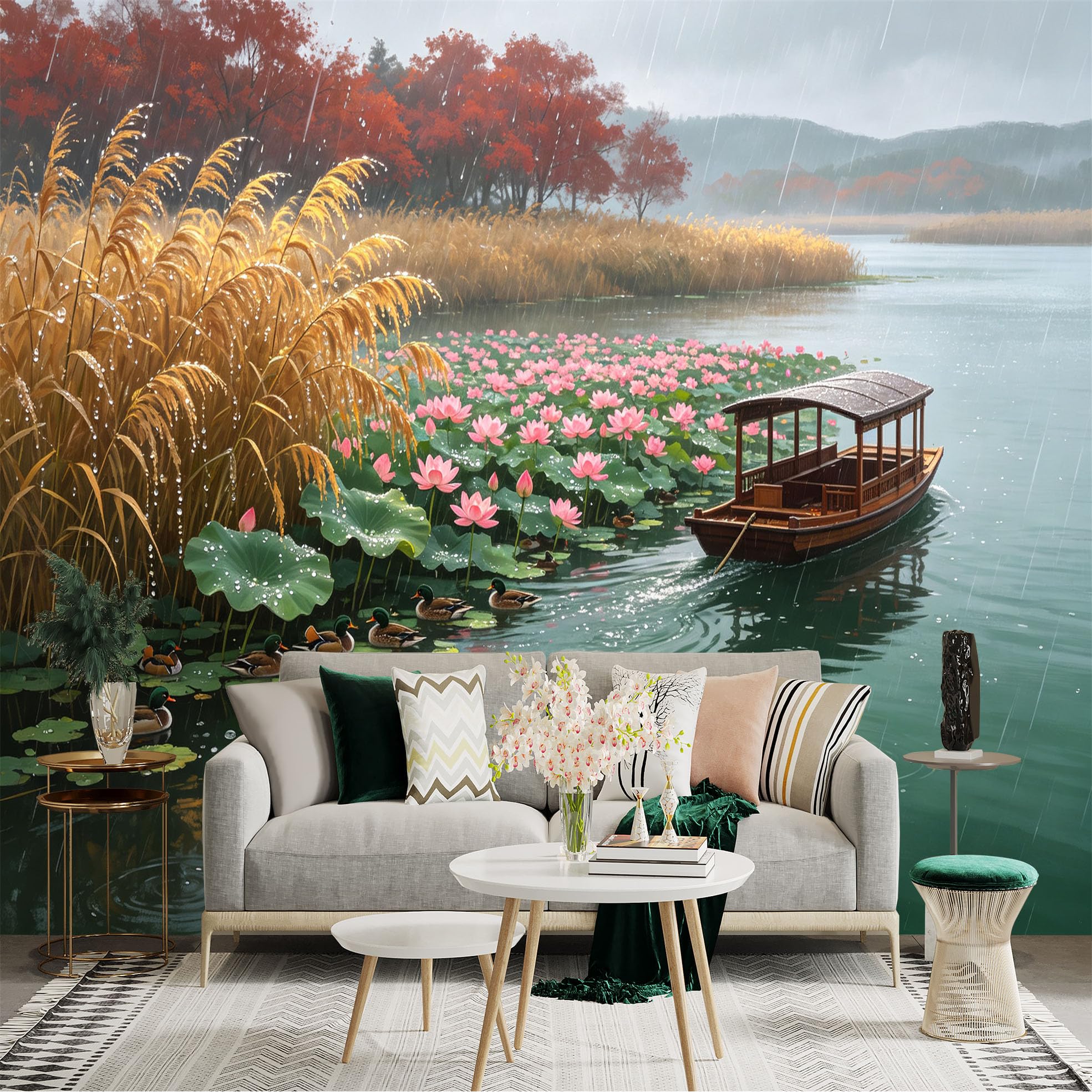 Custom Size Wall Sticker Mural， Rainy Lake with Pink Lotus Flowers， Wooden Boat and Swimming Ducks， for wall Decoration， peelandstick wall Decals.