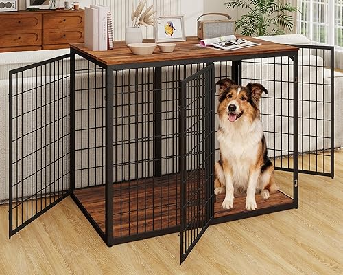 Mueble de jaula para perros de 48" para perros medianos y grandes, perrera grande indestructible para interiores con 3 puertas, mesa auxiliar