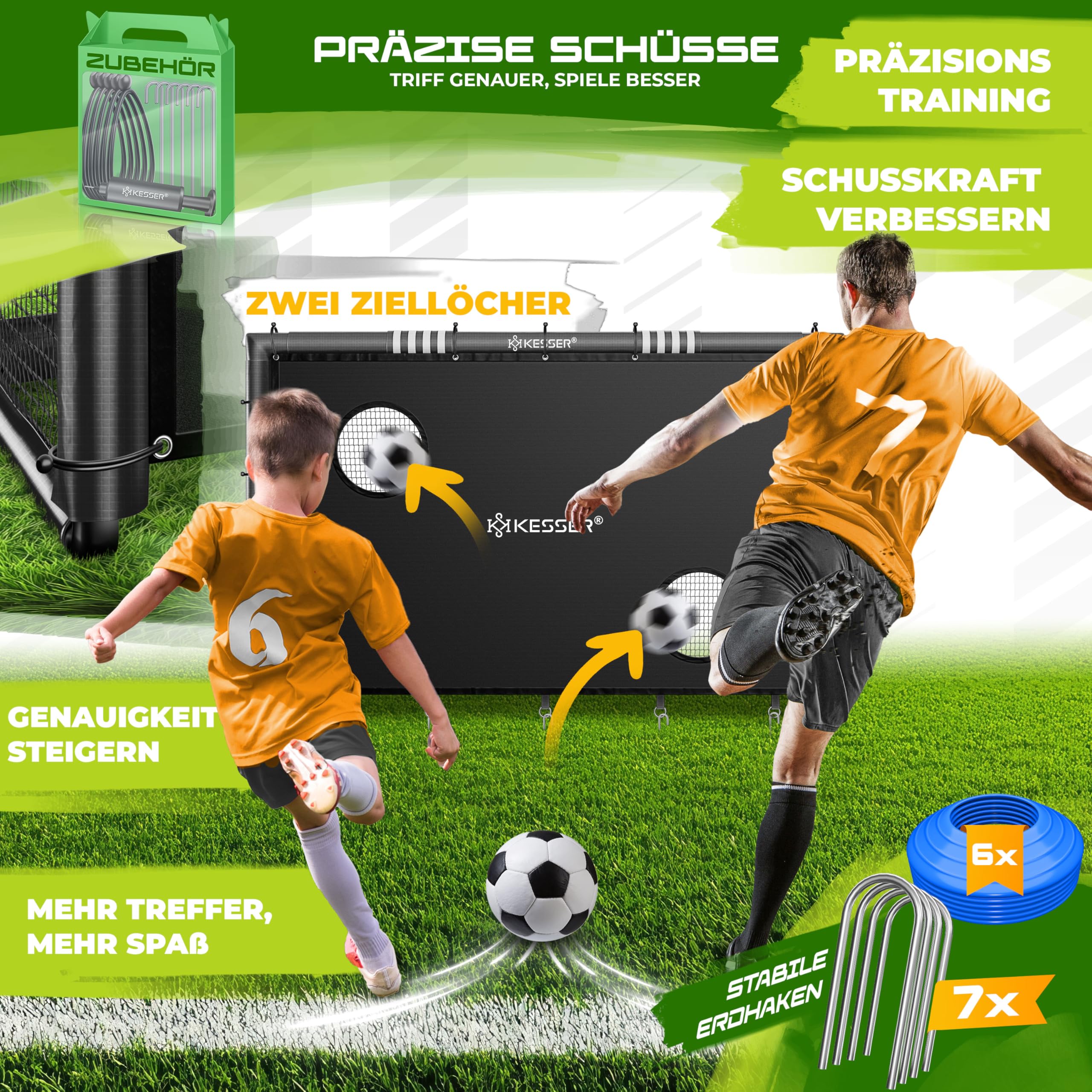 KESSER® Cache de Foot But de Football de Qualité Supérieure de 240 cm avec Mur de But, Filet d'Entraînement de Tir, Filet Résistant aux UV, Cadre en Acier avec Rembourrage, Crochet de Terre, Pompe