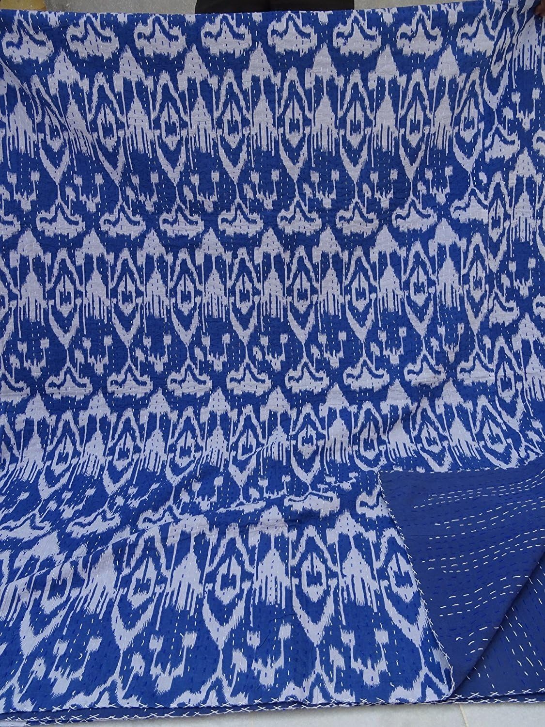 Sophia-Art Blue Indian Kantha Quilt Ikat Design Gudri Handmade Dorm Bedspreads Throw Kantha Size 90X108 Inch (Multi)