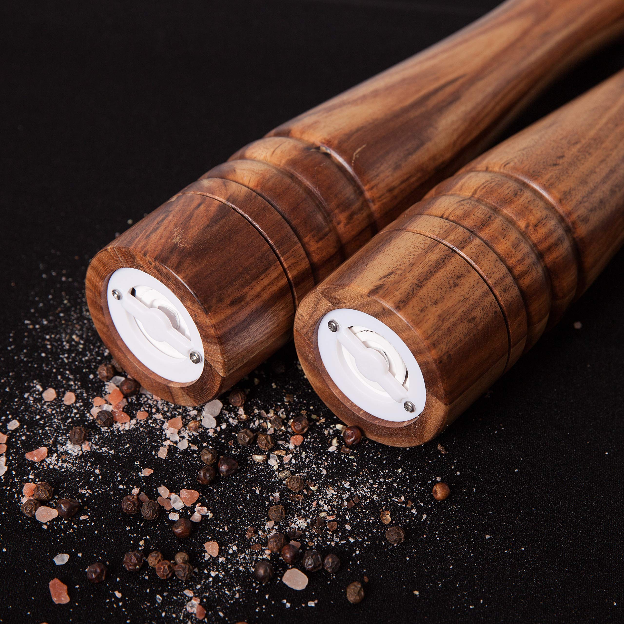 Salz- und Pfeffermühle Set, Gewürzmühlen 2er-Set, Salz und Pfeffer Mühle aus Akazienholz mit Keramikmahlwerk, H 30 cm