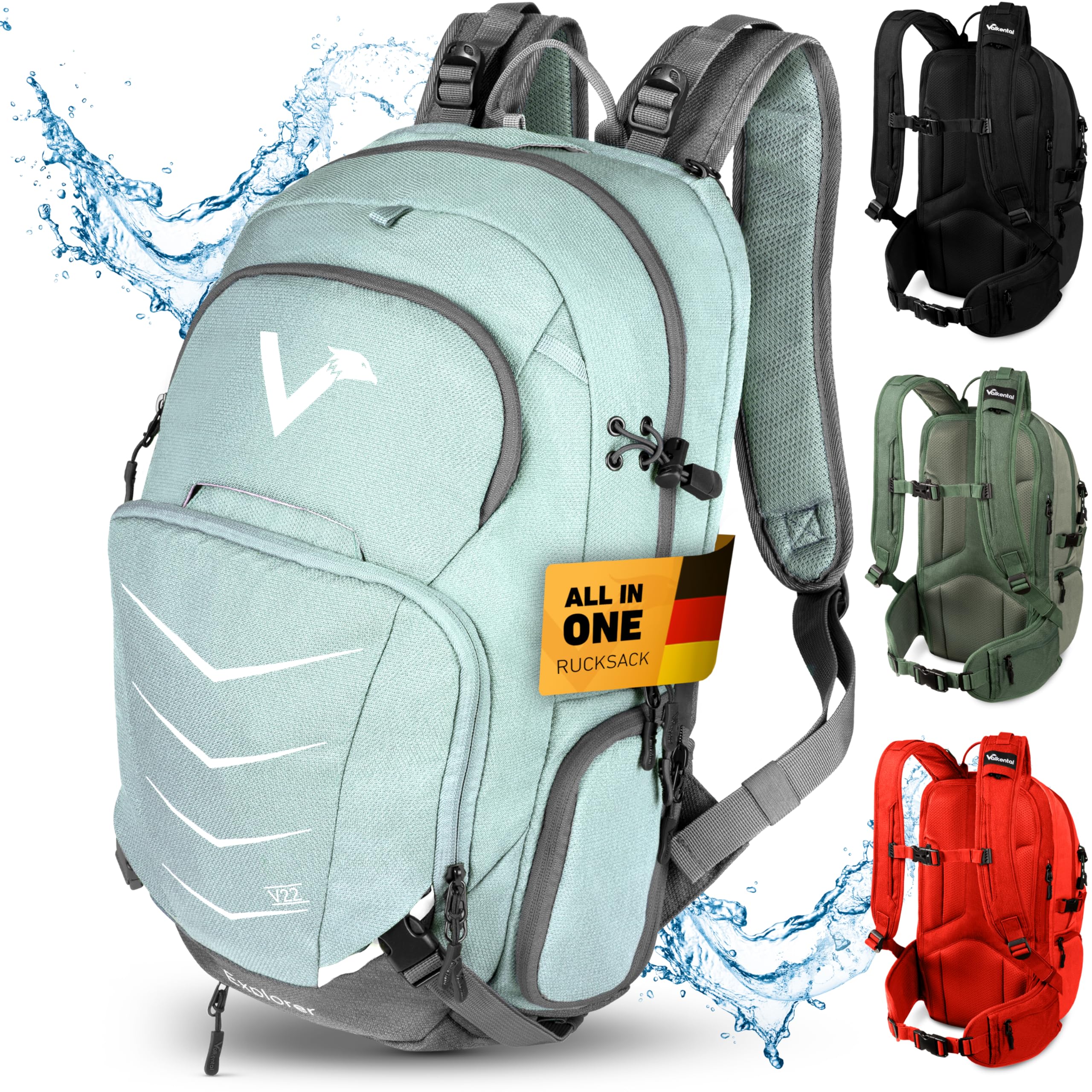 Valkental - Innovativer Rucksack mit perfekter Aufteilung (22L) Erweiterbares Volumen (Kein Schwitzen) Wanderrucksack, Trekkingrucksack, Fahrradrucksack & Outdoor Rucksack - Wasserfest & Reflektierend