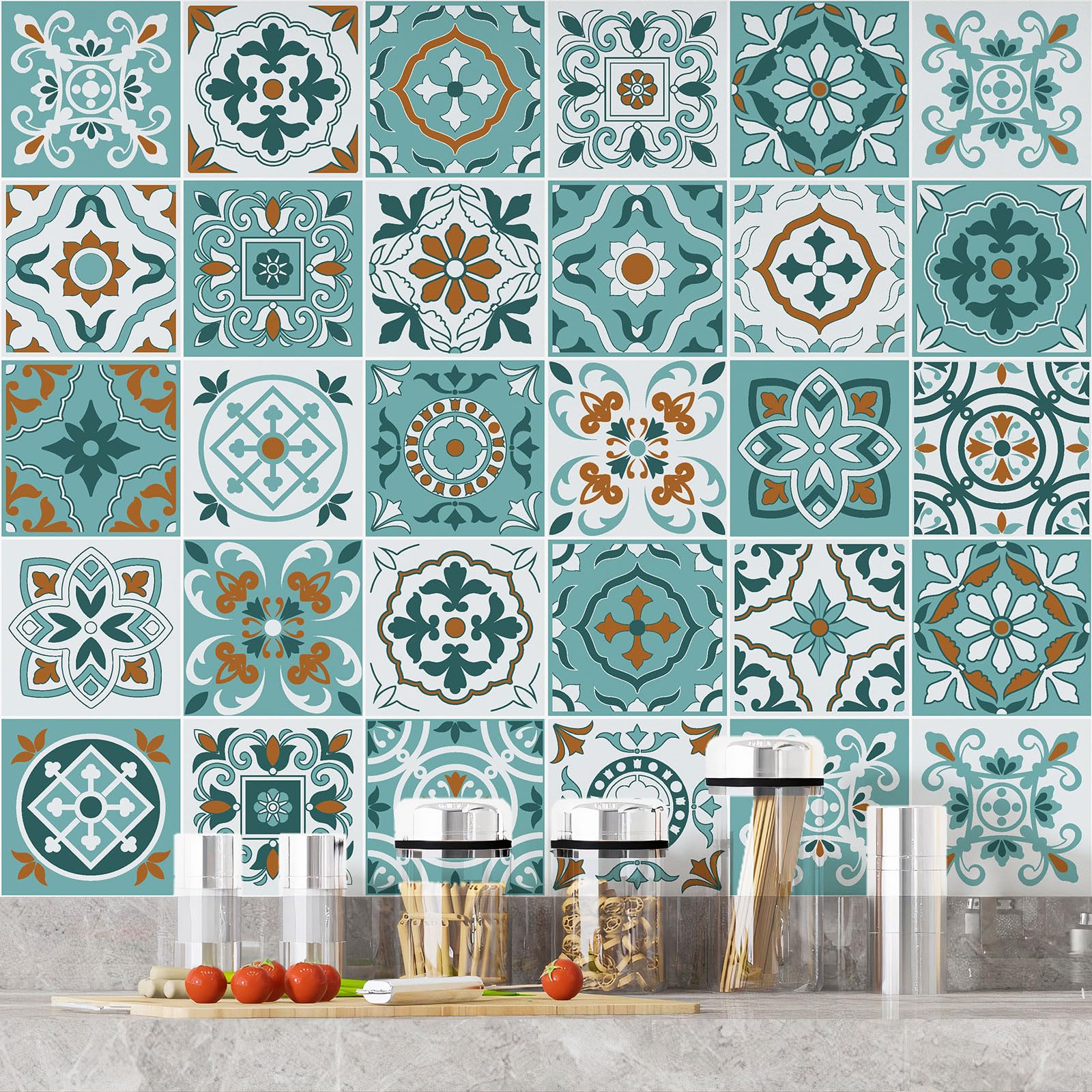 Lumalea Adesivo per cucina, effetto piastrelle di cemento, 3617681629504, adesivo + protezione lucida, 90 x 90 cm