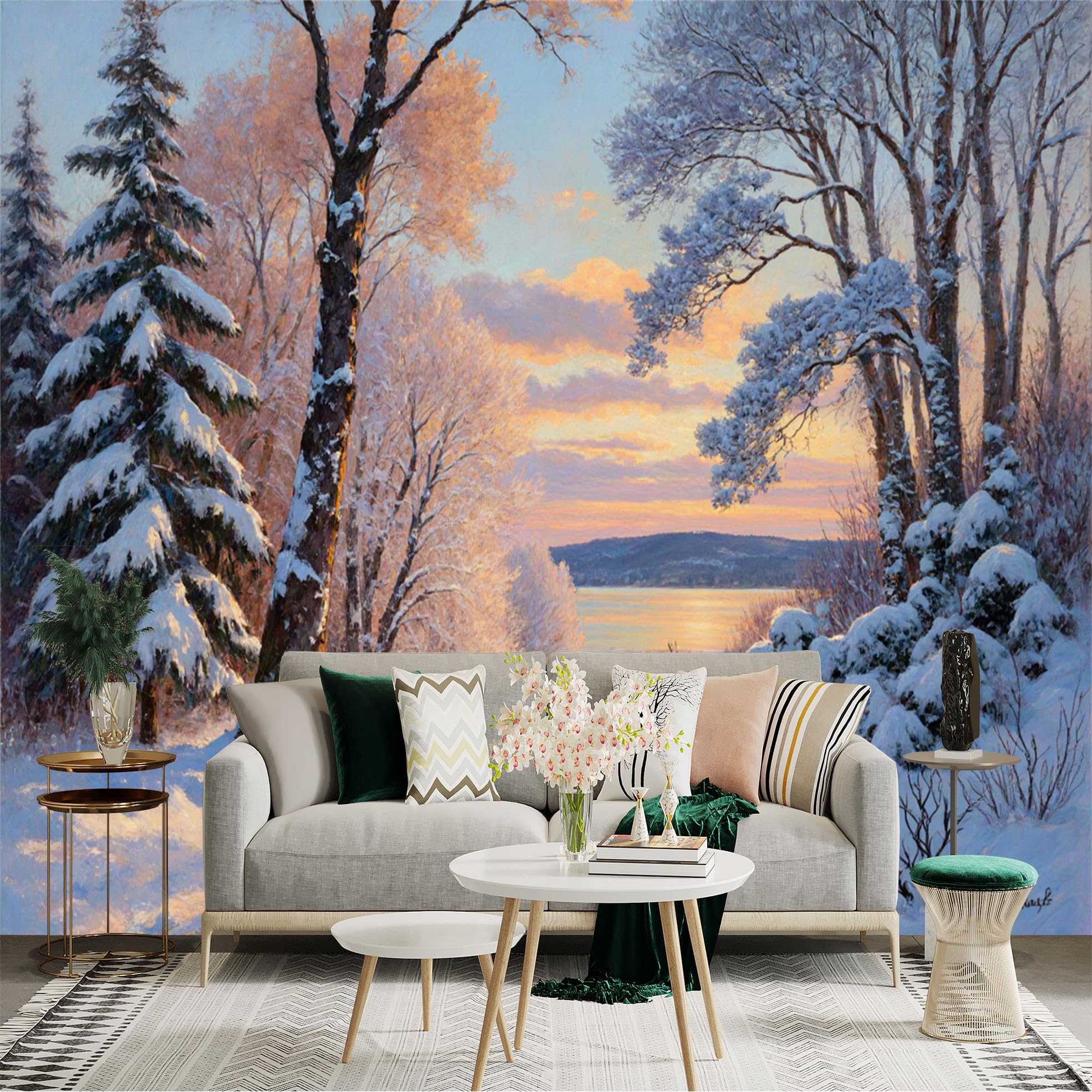 Custom Size Wall Sticker Mural， Snowy Forest Landscape， Winter Sunset Over Lake， Frozen Trees and Path， Serene Nature Scenery， for wall Decoration， peelandstick wall Decals.