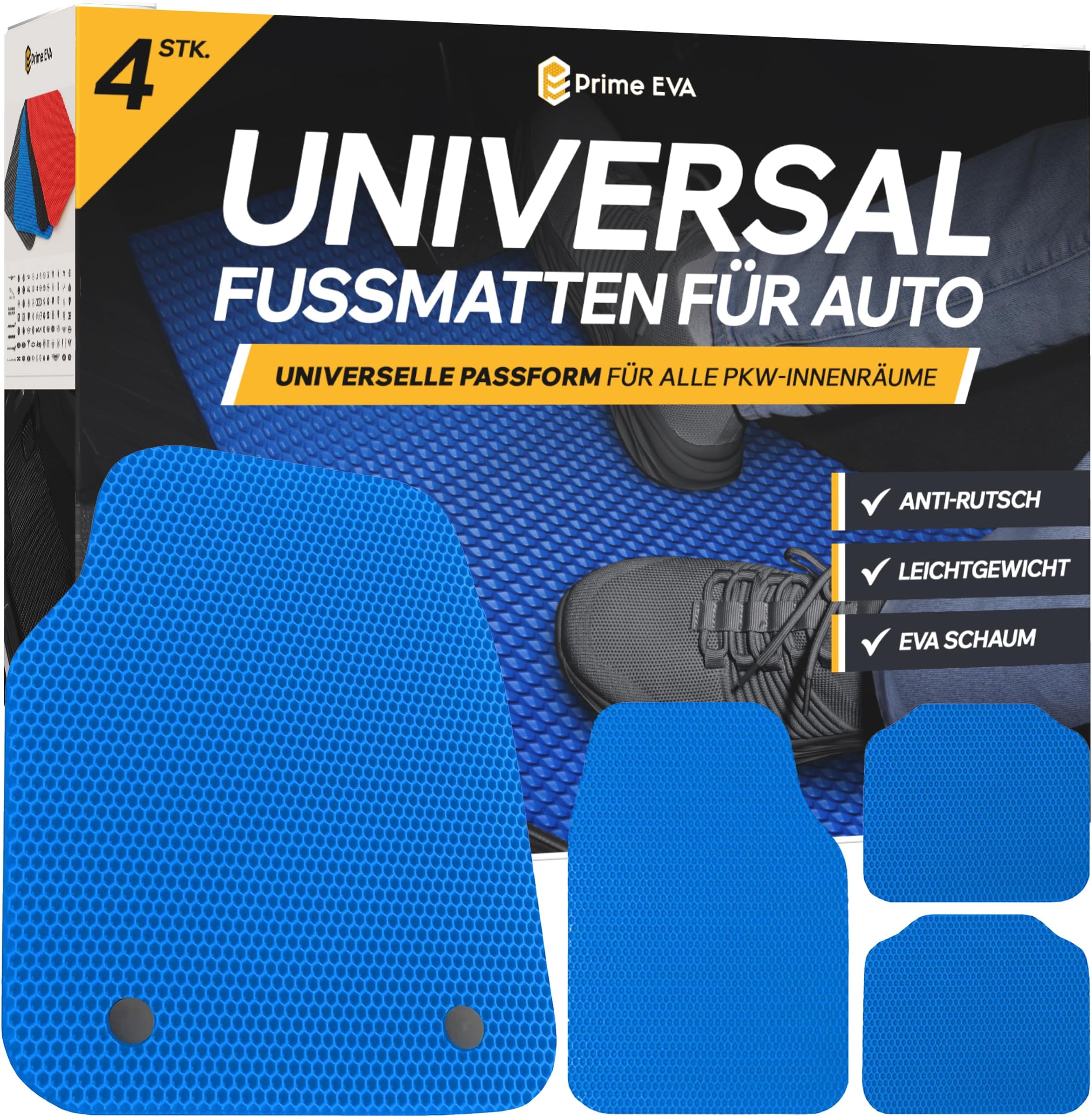 Cartrend Universal-Fußmatten Basic – 4-teilig, Nadelfilz, Rutschfest, Mit Absatzschoner, Blauem Hochglanzgarn