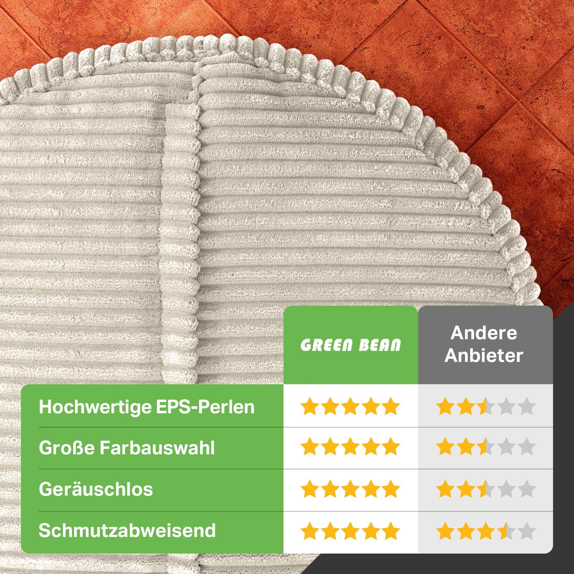 Green Bean Indoor Cord Sitzhocker Pouf Stay 45x25cm mit EPS-Perlen Füllung - kuschelig weich waschbar - die ideale Ergänzung zum Sitzsack für Kinder & Erwachsene - Beige