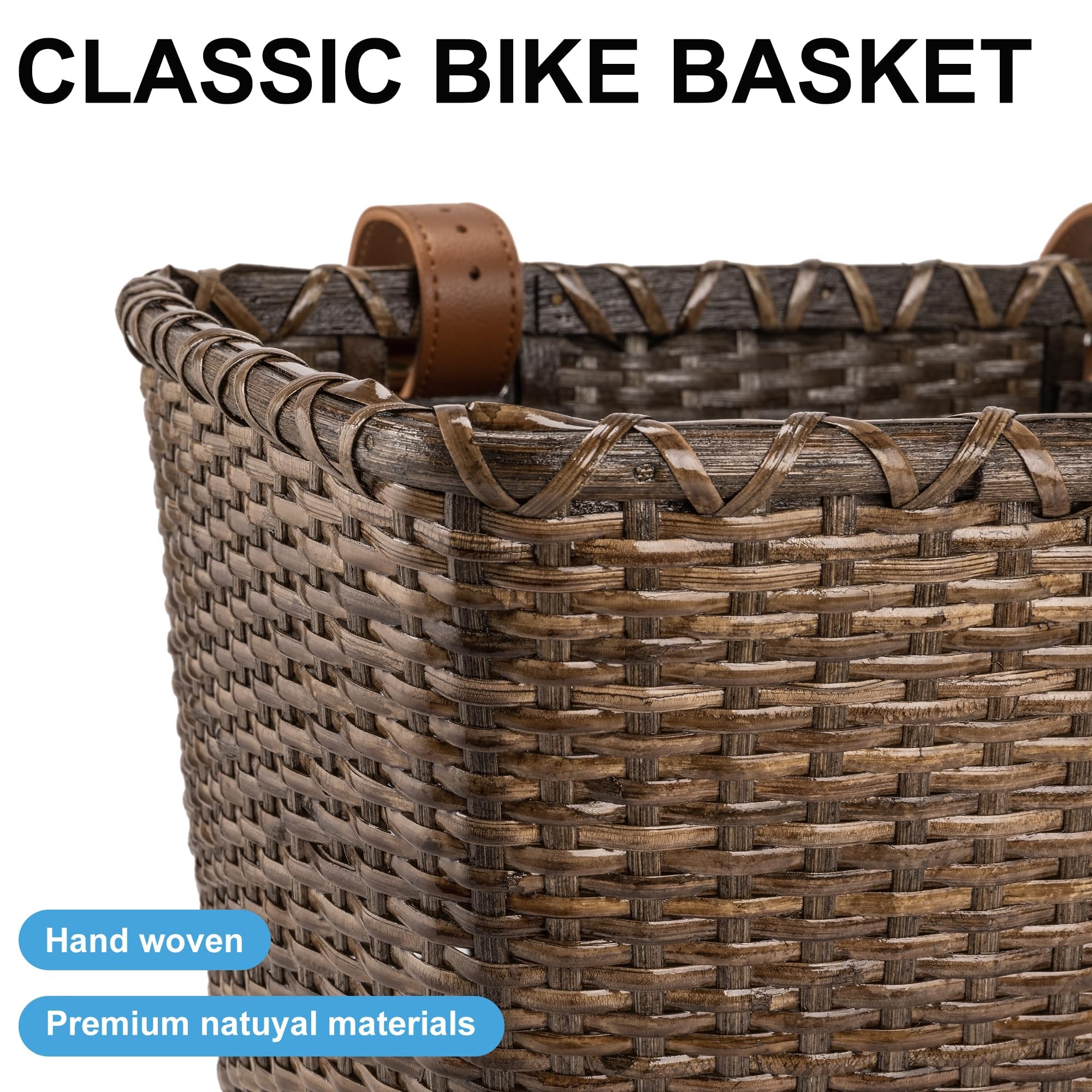 Cestino per bicicletta, design retrò, robusto cestino per bicicletta, manubrio con base in legno e supporto in pelle, ideale come cestino anteriore per bicicletta