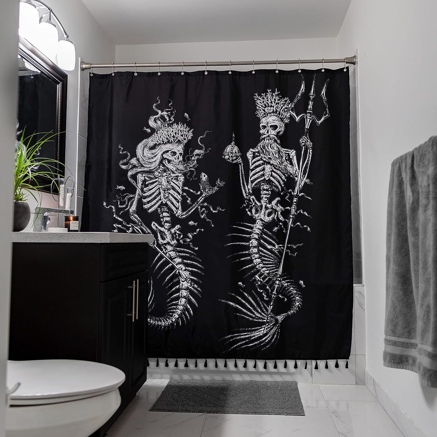 Flash Flood Skeleton Mermaid Black Shower Curtain for Skull and Gothic Bathroom Decor - Water Resistant