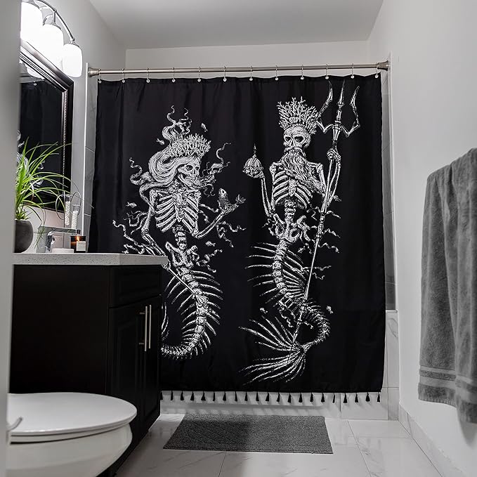 Flash Flood Skeleton Mermaid Black Shower Curtain for Skull and Gothic Bathroom Decor - Water Resistant