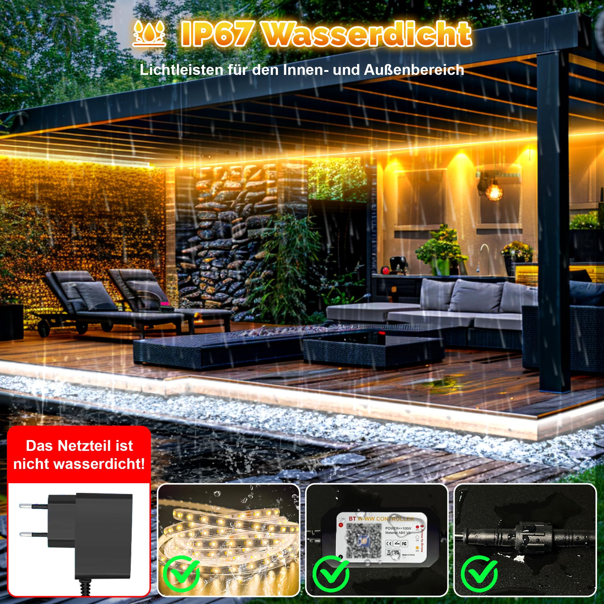 20M Outdoor LED Strip, LED Streifen Aussen Warmweiss zu Kaltweiß Wasserdicht IP67, 24V LED Lichtband Dimmbar mit Fernbedienung, Leuchtstreifen Selbstklebend Außen für Terrasse, Pavillon
