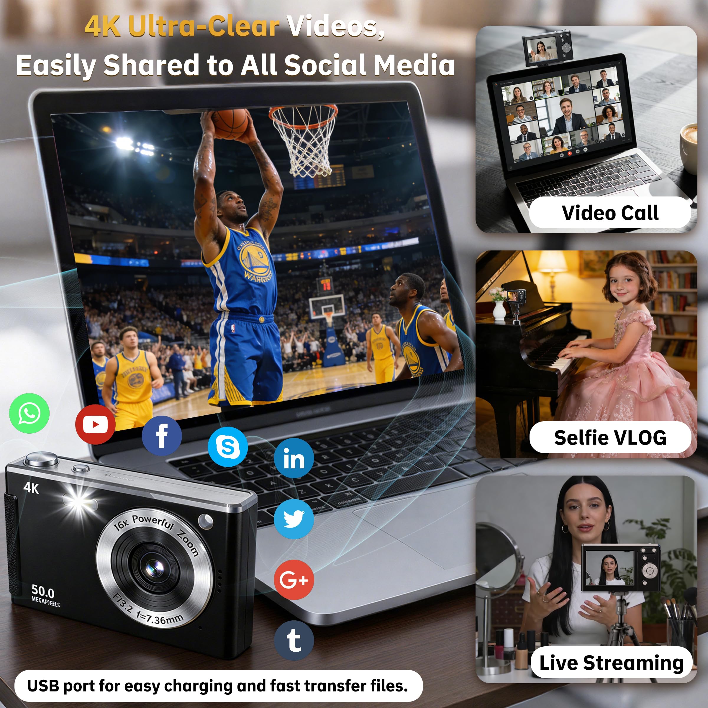 Fotocamera digitale 4K per fotografia autofocus, zoom 16x, fotocamera digitale compatta portatile da 50 MP, fotocamera compatta da viaggio per principianti con scheda da 32 GB, 2 batterie, colore nero
