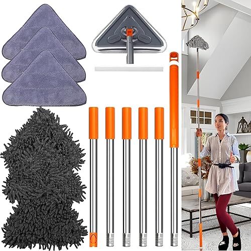 Trapeador limpiador de pared con mango largo, poste de extensión 360, trapeador de limpieza de polvo de microfibra triangular ajustable, kit de