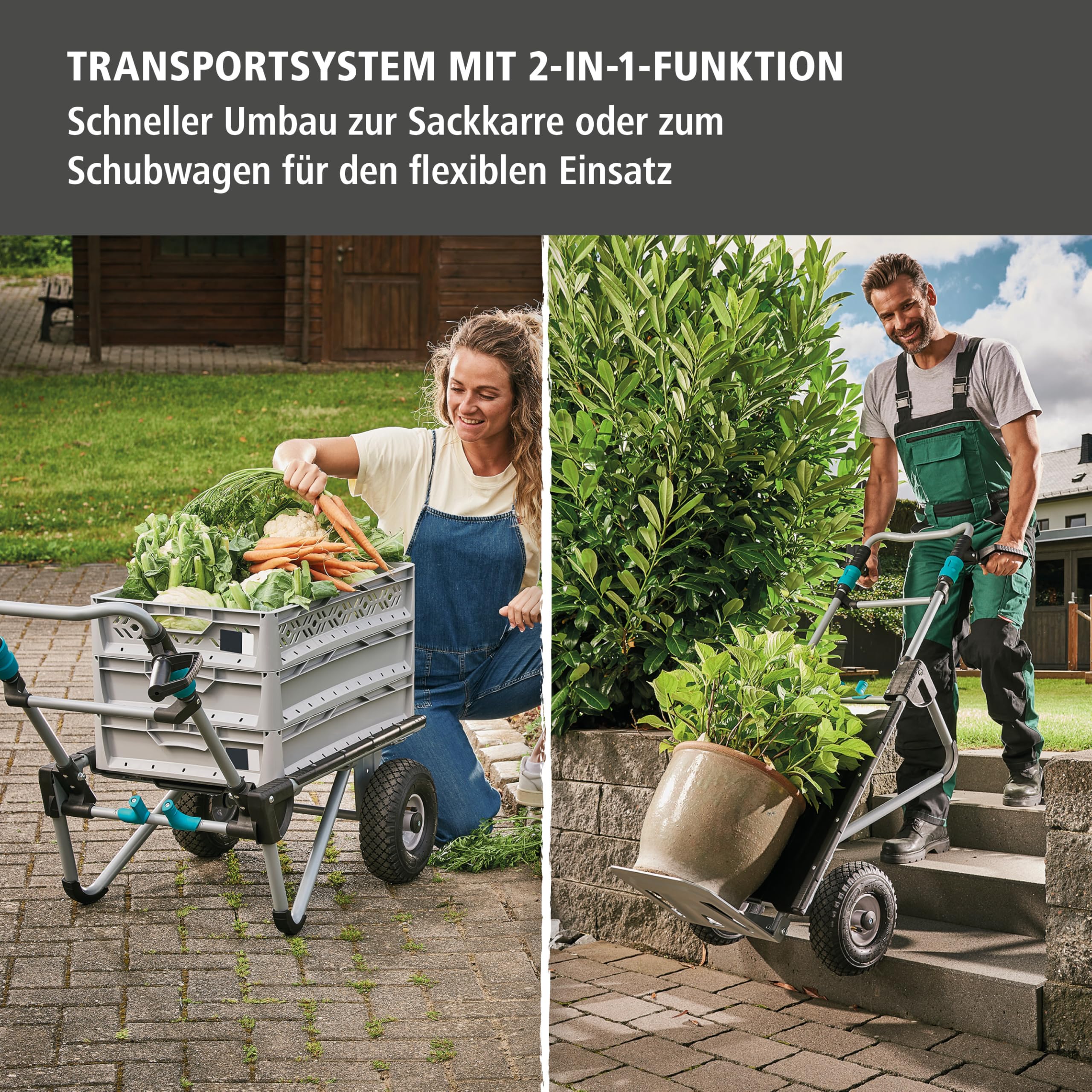 wolfcraft Transportsystem TS 2500 - Sackkarre & Schubwagen in Einem | 2-in-1, Schnellklappfunktion, einschwenkbare Griffe, luftgefüllte Geländereifen, für Euroboxen - bis 150 kg - 5535000