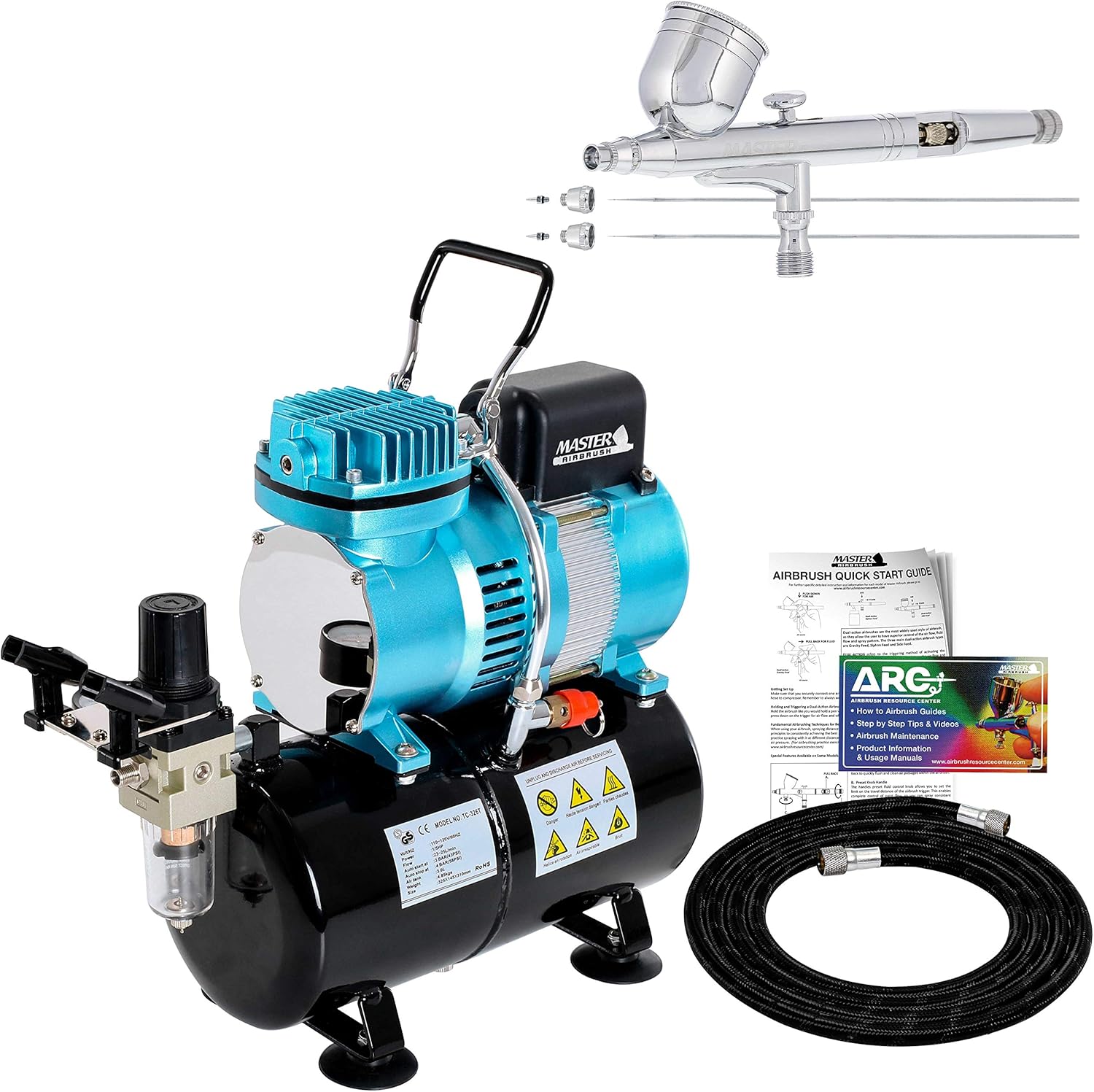 Master Airbrush Cool Runner II Dual Fan Air Storage Tank Compressor System Kit with G233 Gravity Feed Dual-Action Airbrush Pro Set, 0.2 0.3 0.5 mm Tips - Hose, Holder, How-To Guide - Hobby, Auto, Cake