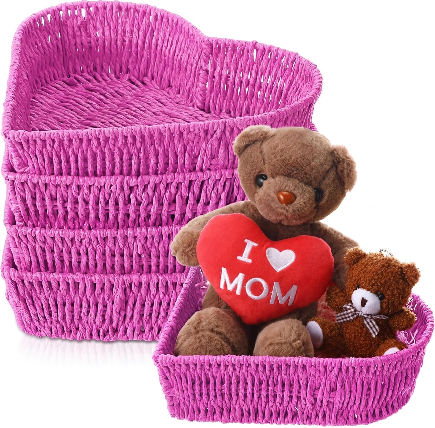 Layhit 4 Pcs Mother's Day Gift Basket Heart Shaped Baskets Woven Heart Bowl Stuffers Storage Mother's Day Serving Platters Trays Valentine Table Decorations for Anniversary Party(Pink)