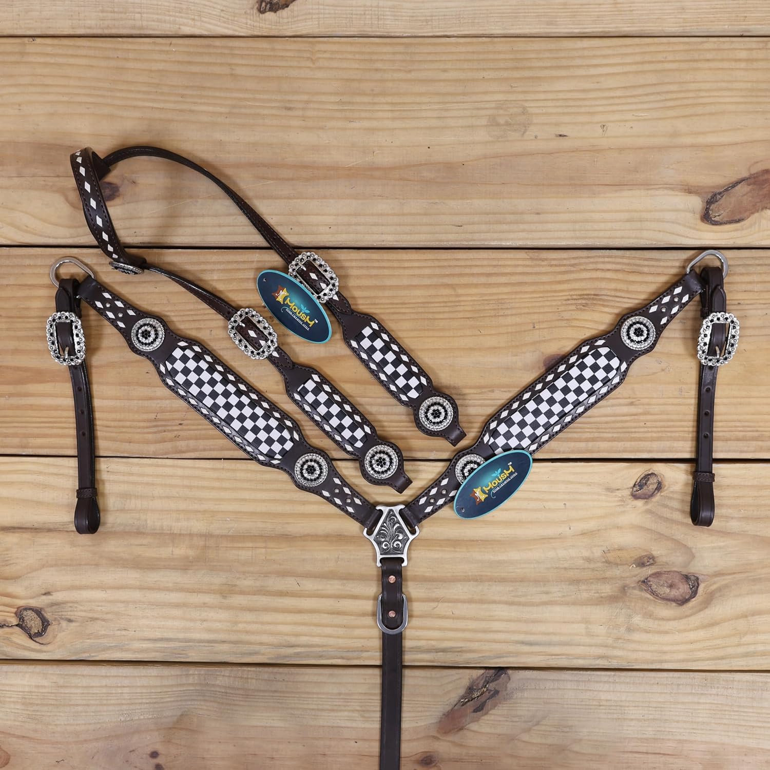 Finish Line Western Headstall and Breast Collar Set – Rawhide Braided Tack with Black-White Rhinestone Alligator Print – Argentina Cow Leather Race Day Gift for Her