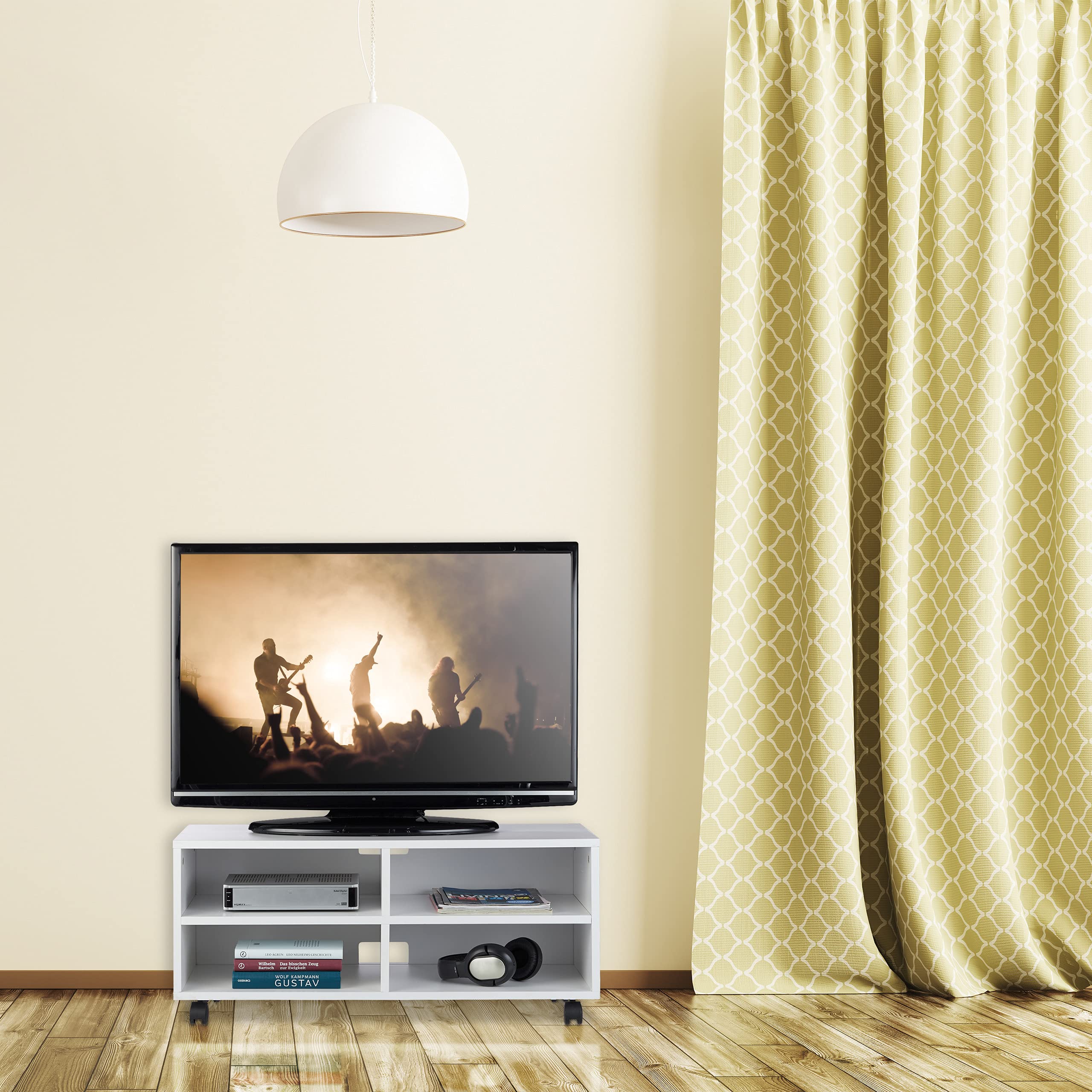 Relaxdays Mueble TV Ruedas con 4 Compartimentos, Mesa Televisión Salón, Tablero de Partículas, 35 x 80 x 35 cm, Blanco