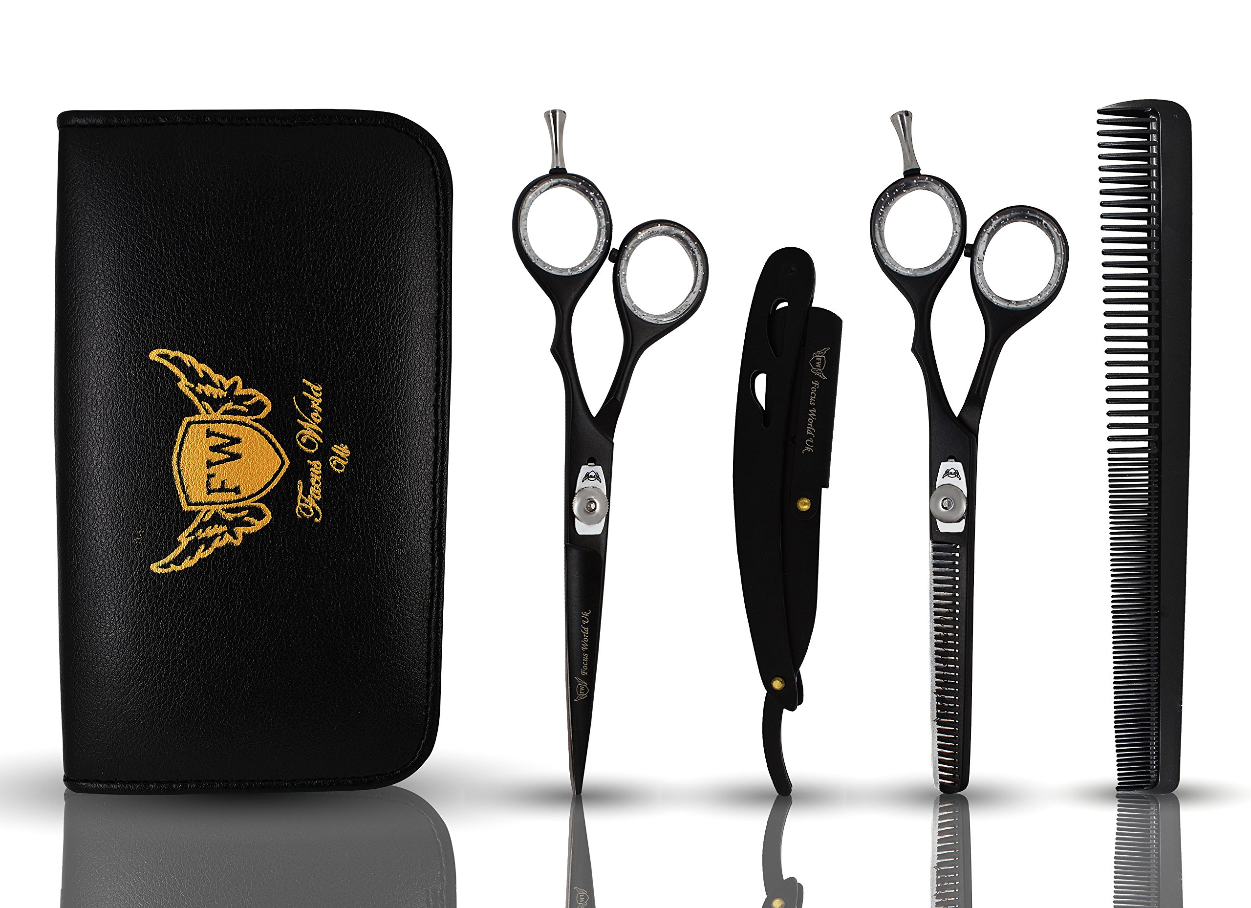 FOCUSWORLD "6"" Black Professional Hairdressing Scissors Set, Stainless Steel Sharp Razor Edge 6 inches Hairdresser Shears Set"