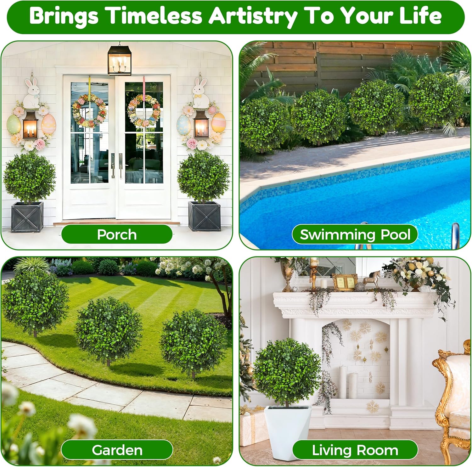 21.6 Inch Artificial Boxwood Topiary Bushes, Set of 4 Fake Shrubs, UV Resistant Plants Faux Topiary Ball Tree for Outdoor Garden Patio Front Porch & Indoor Decor
