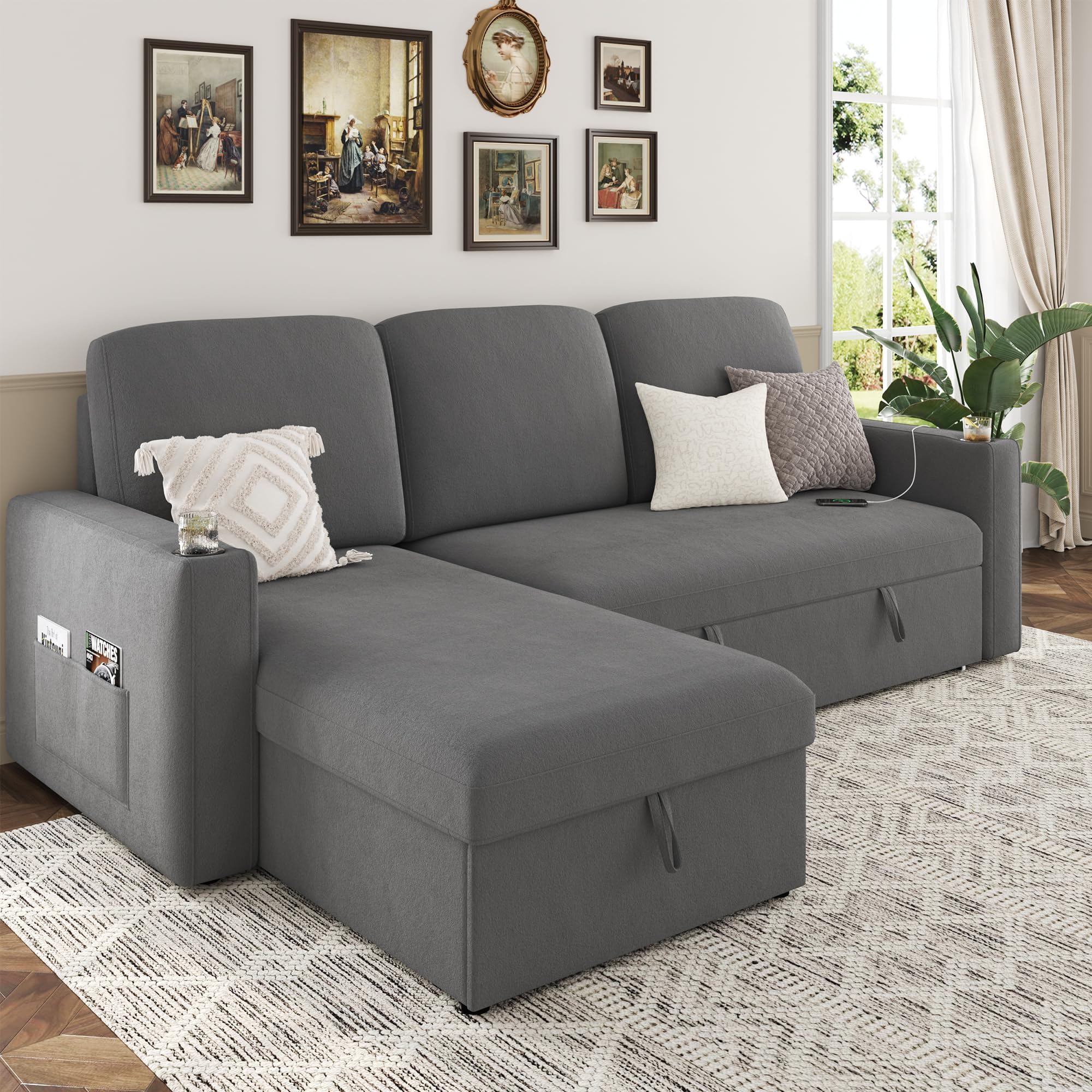 87" Pull Out Sleeper Sofa Bed with Storage Chaise, Reversible 2 in 1 Sectional Sofa Bed with Charging Station and Cup Holder, L-Shaped Sofa Couch for Living Room, Velvet Dark Gray