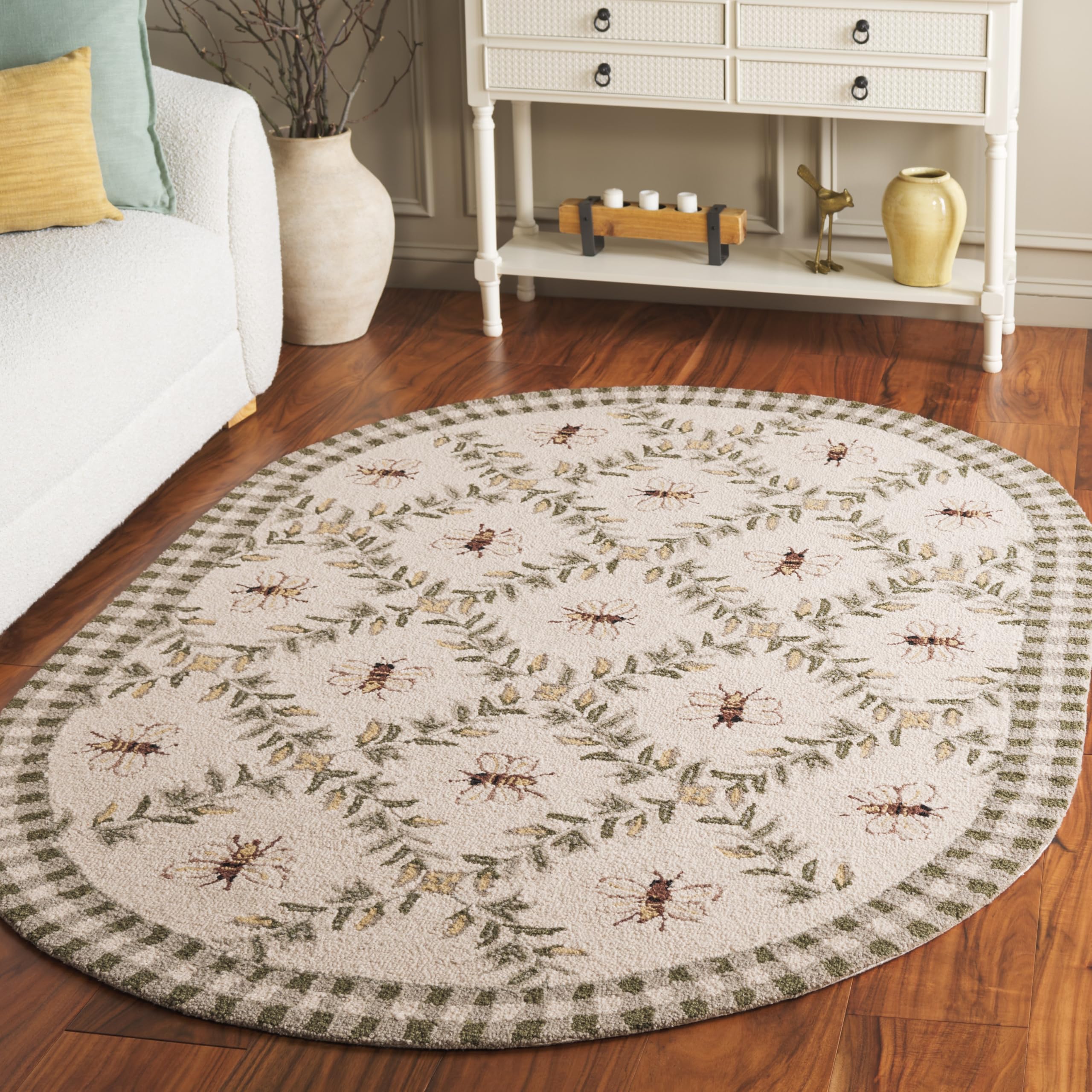 SAFAVIEH Chelsea Collection Area Rug - 7'6" x 9'6" Oval, Ivory & Green, Hand-Hooked French Country Wool, Ideal for High Traffic Areas in Living Room,