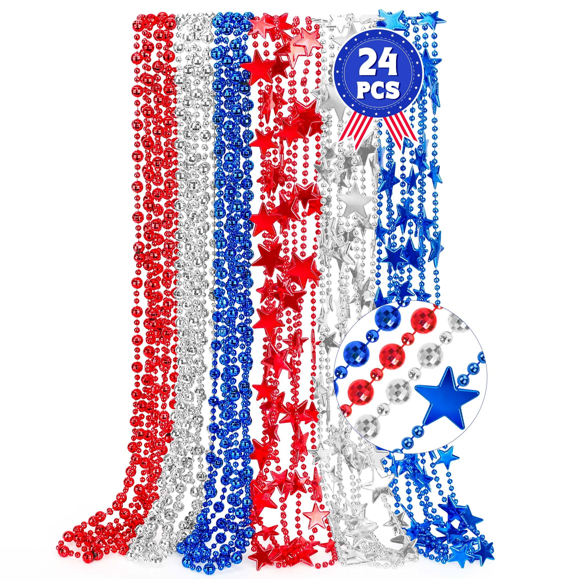 EOBOH 4th of July Accessories, 24PCS Fourth of July Patriotic Beads Necklaces Bulk, Independence Day Red Blue White Stars Round Beads, Patriotic Necklace for Parade Party Favors Decorations