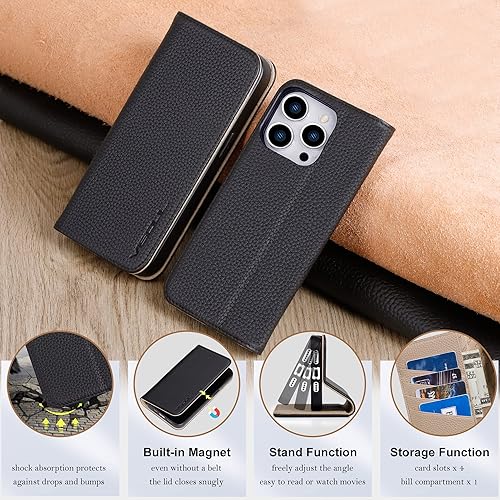 Miniatura 8 de VISOUL Pebbled - Funda de piel auténtica para iPhone 15 Pro Max con soporte para tarjetas, funda magnética con función atril para iPhone 15 Pro Max